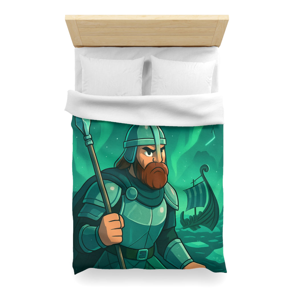 Housse de Couette Viking Vert Émeraude avec Guerrier et Aurores Boréales pour Chambre