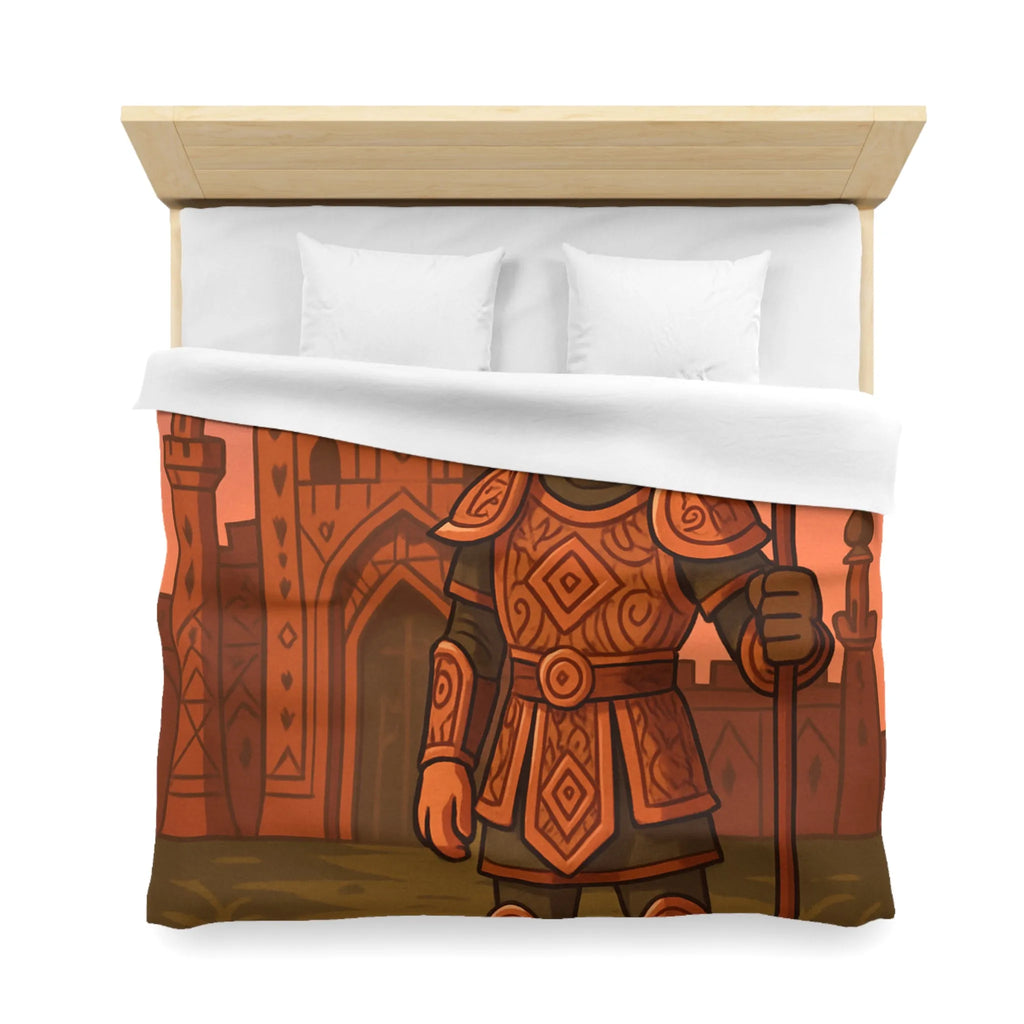 Aventurier médiéval en armure détaillée avec château oriental devant lever de soleil orangé