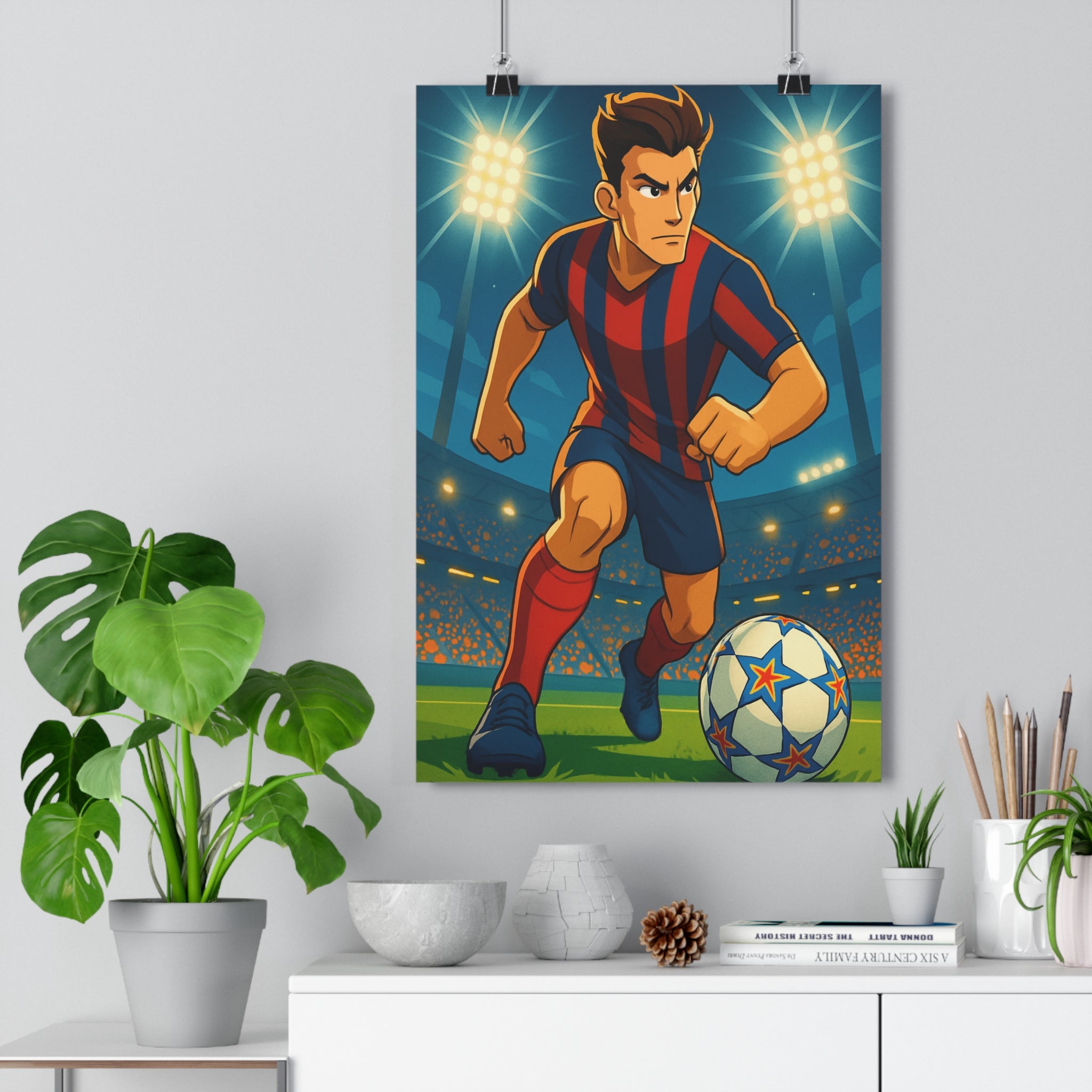 Poster décoratif football dessin animé bleu rouge vibrant enfant dynamique sport action stade chambre