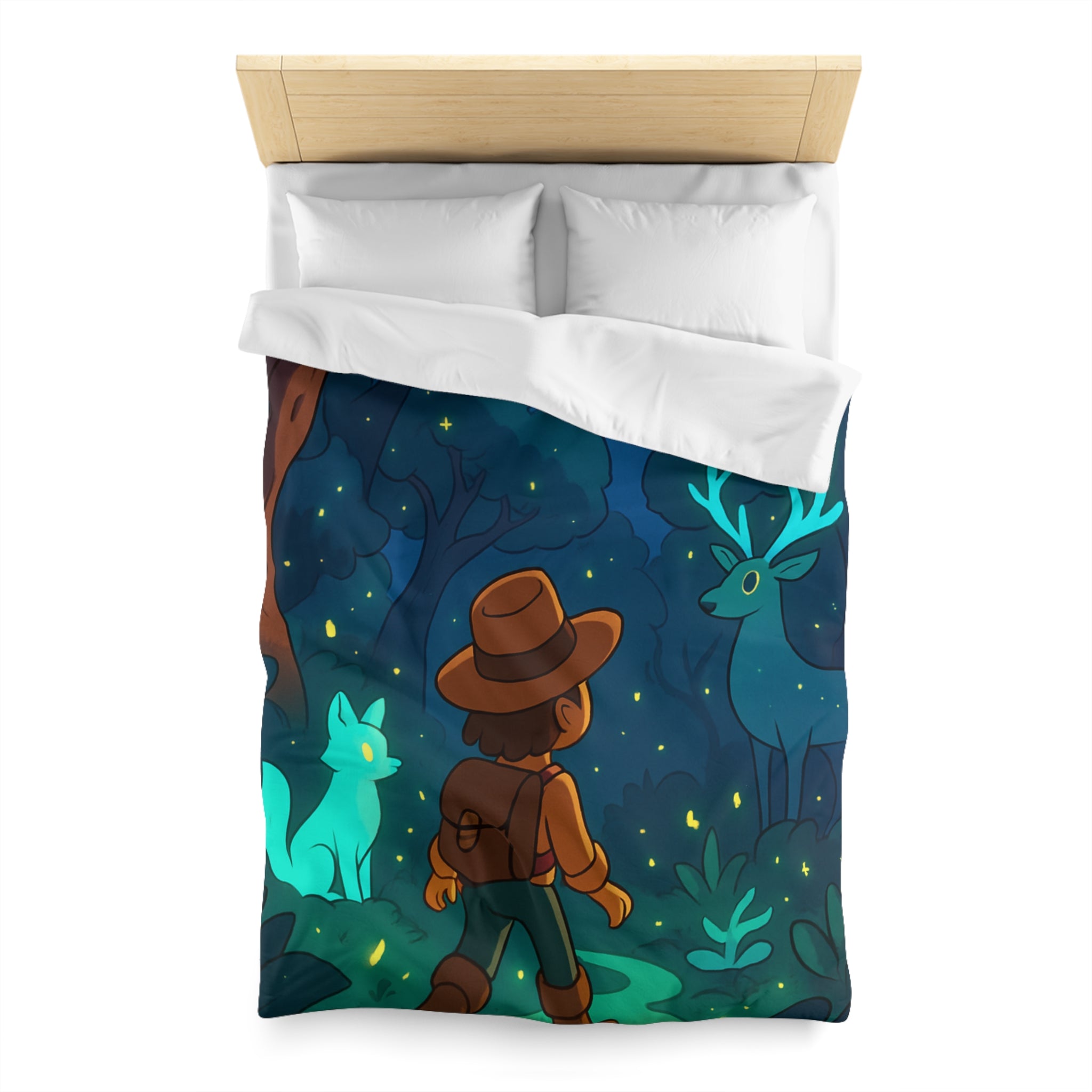 Housse de couette paysage nocturne avec renard et cerf mystiques sous la lune