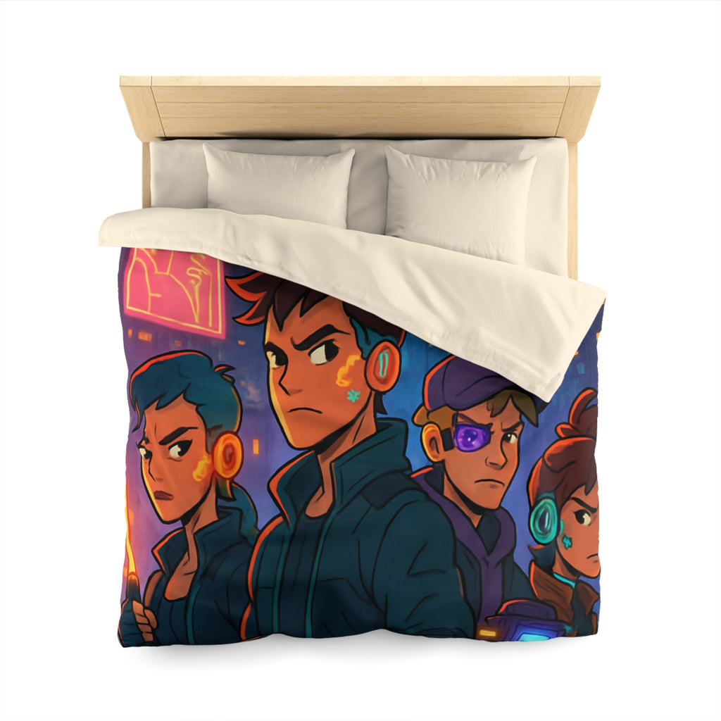 Housse de couette style rétro futuriste avec scène urbaine néon et personnages cyberpunk