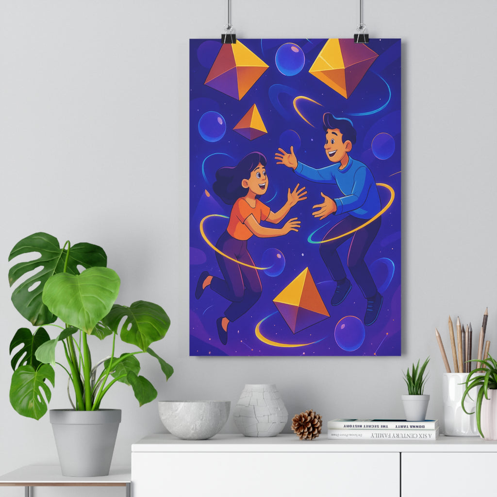 Poster décoratif onirique art conceptuel bleu orange dynamique chambre créatif univers pyramides sphères personnages