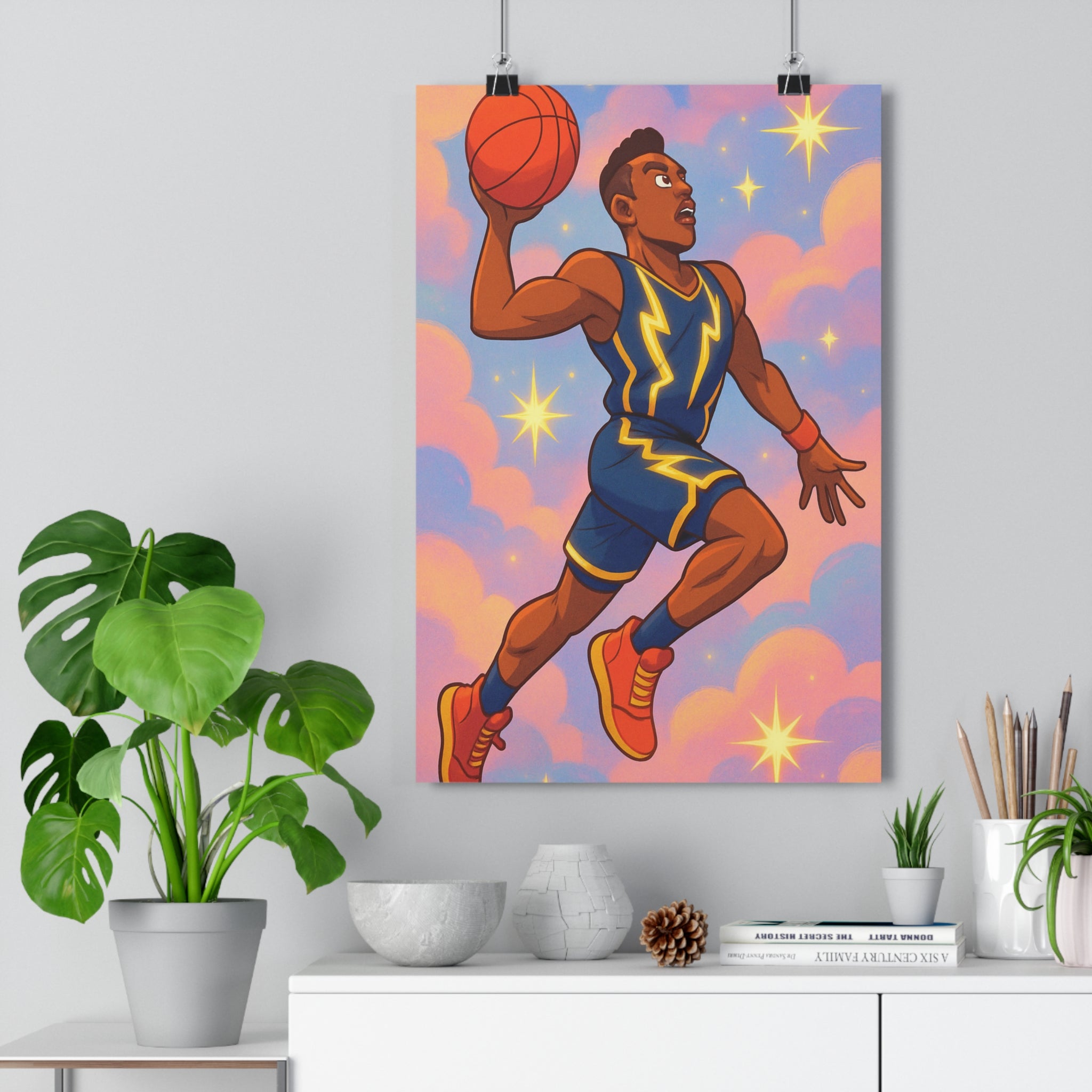 Poster décoratif basketball dynamique bleu rose pastel étoilé rêveur chambre enfant moderne 30x46 cm