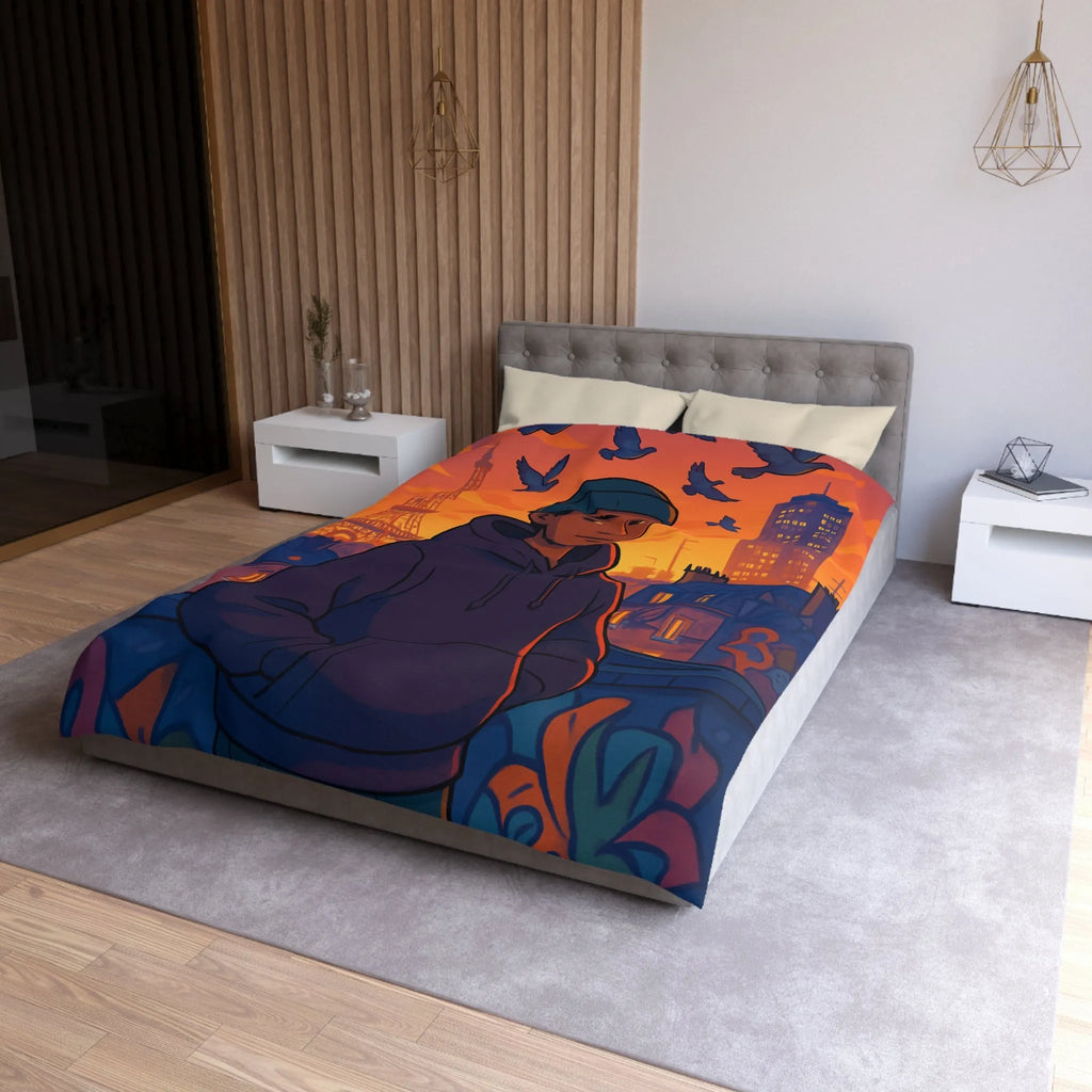 Housse de couette colorée avec ville, tour emblématique et vol de pigeons au crépuscule