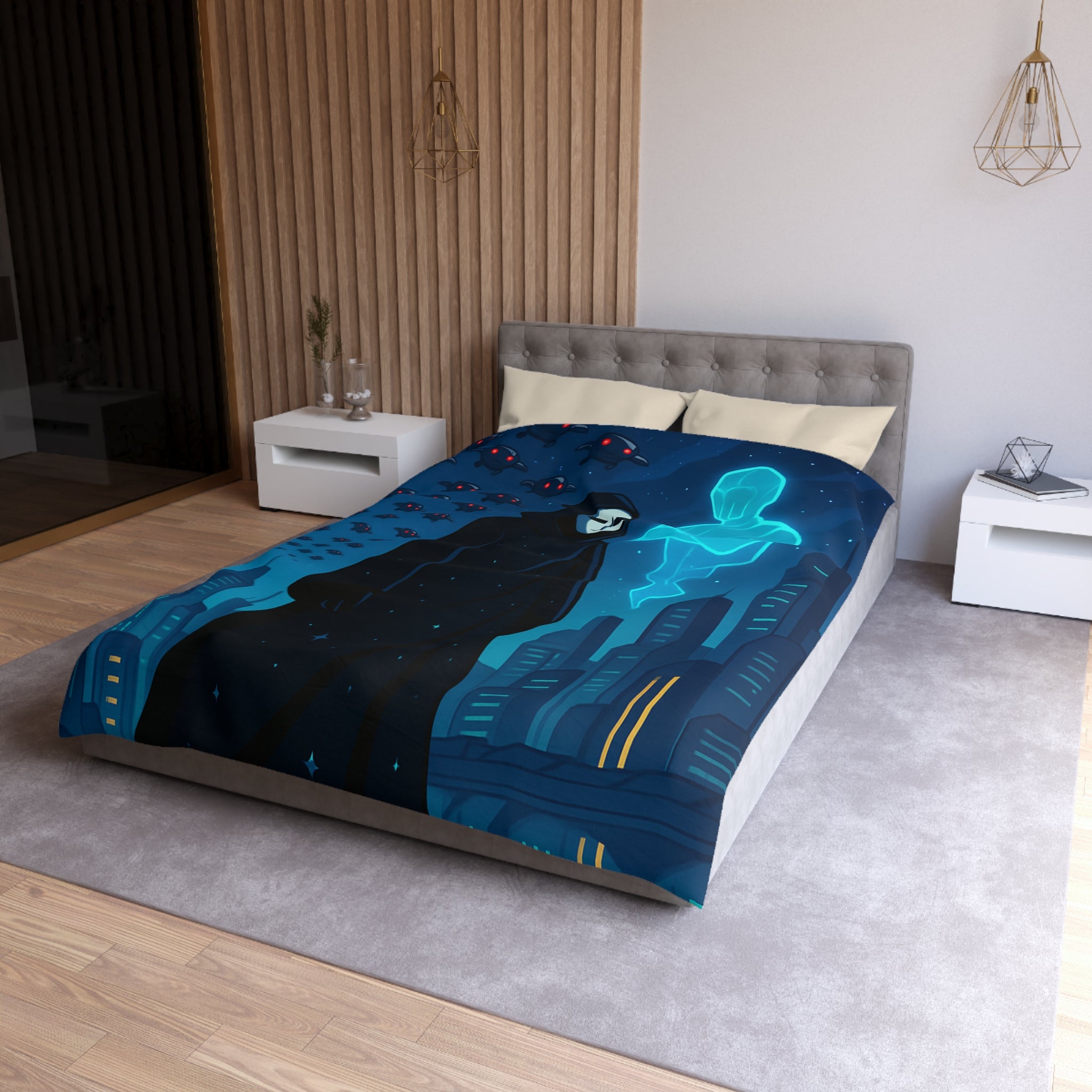 Housse de couette spatiale avec figure masquée et paysage urbain futuriste