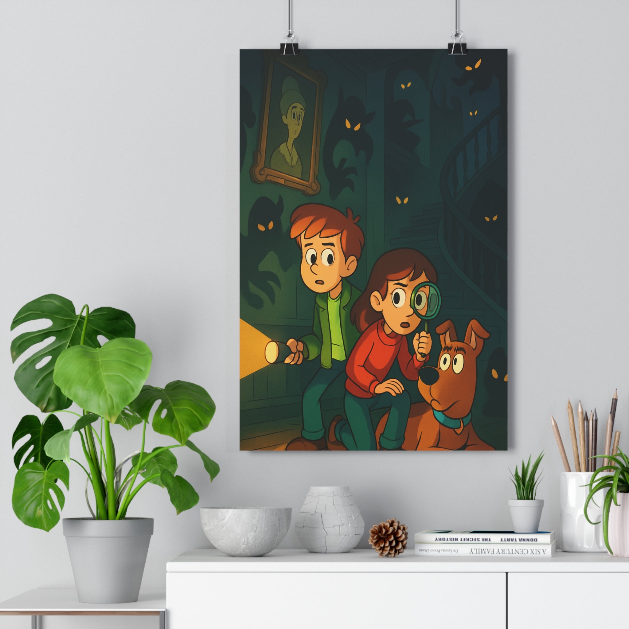 Poster décoratif dessin animé sombre mystérieux manoir chambre enfant aventure exploration intrigue lampe torche