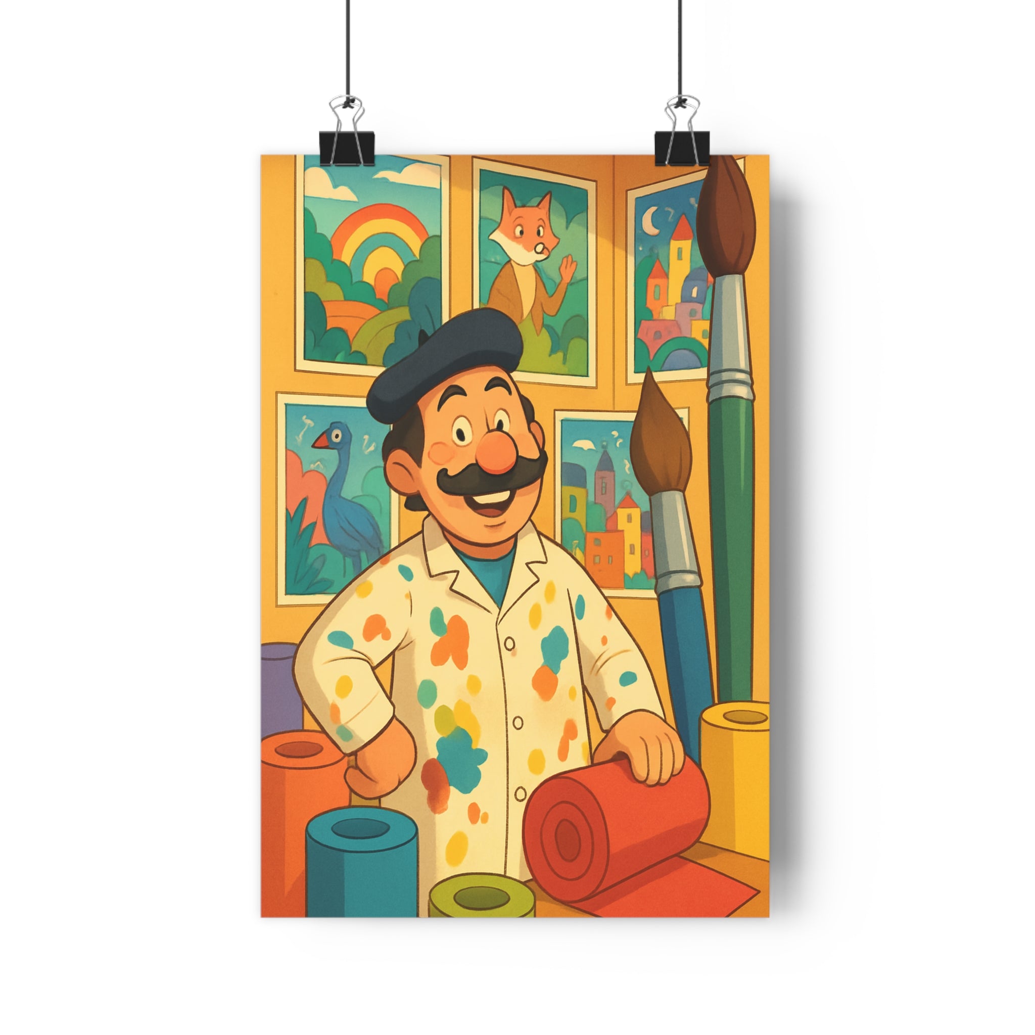 Poster décoratif cartoon artistique coloré joyeux salon enfant créatif vibrant pinceaux arcenciel renard oiseau