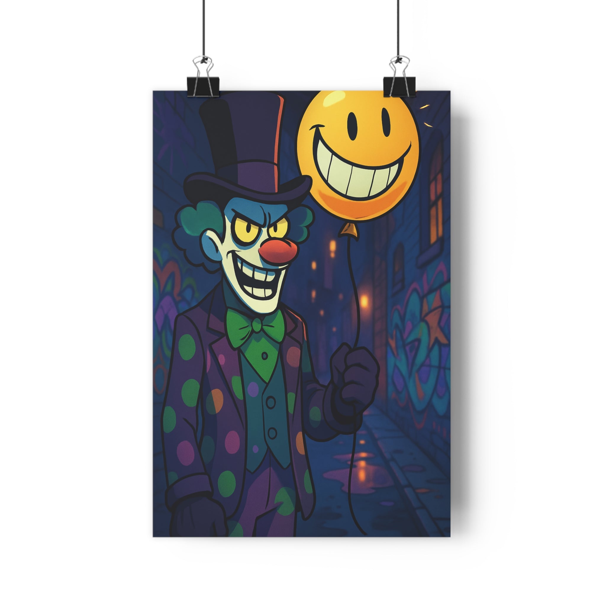 Poster décoratif clownesque violet jaune cartoon amusant espiègle chambre enfant moderne graffiti urbain ludique