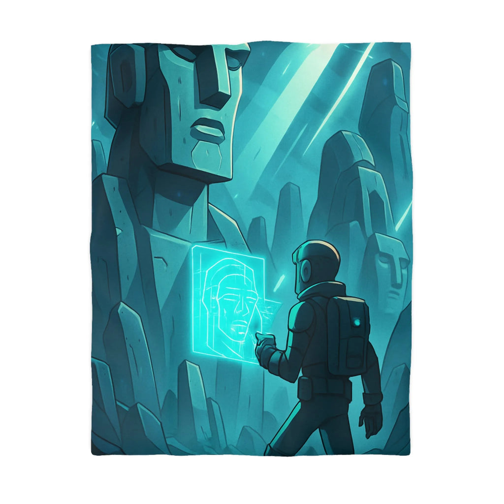 Housse de couette futuriste avec statues anciennes et explorateur dans une ambiance lumineuse néon