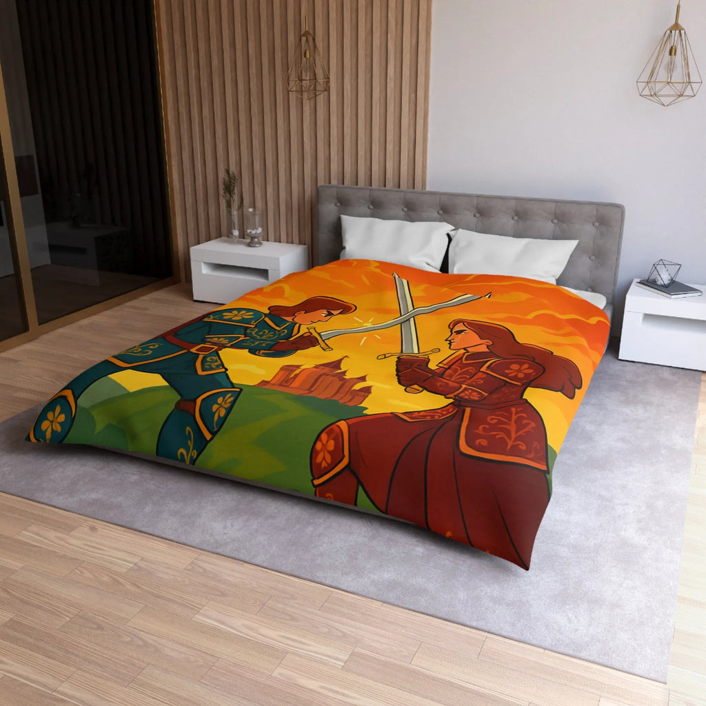 Épique housse de couette avec chevaliers médiévaux, châteaux et ciel flamboyant
