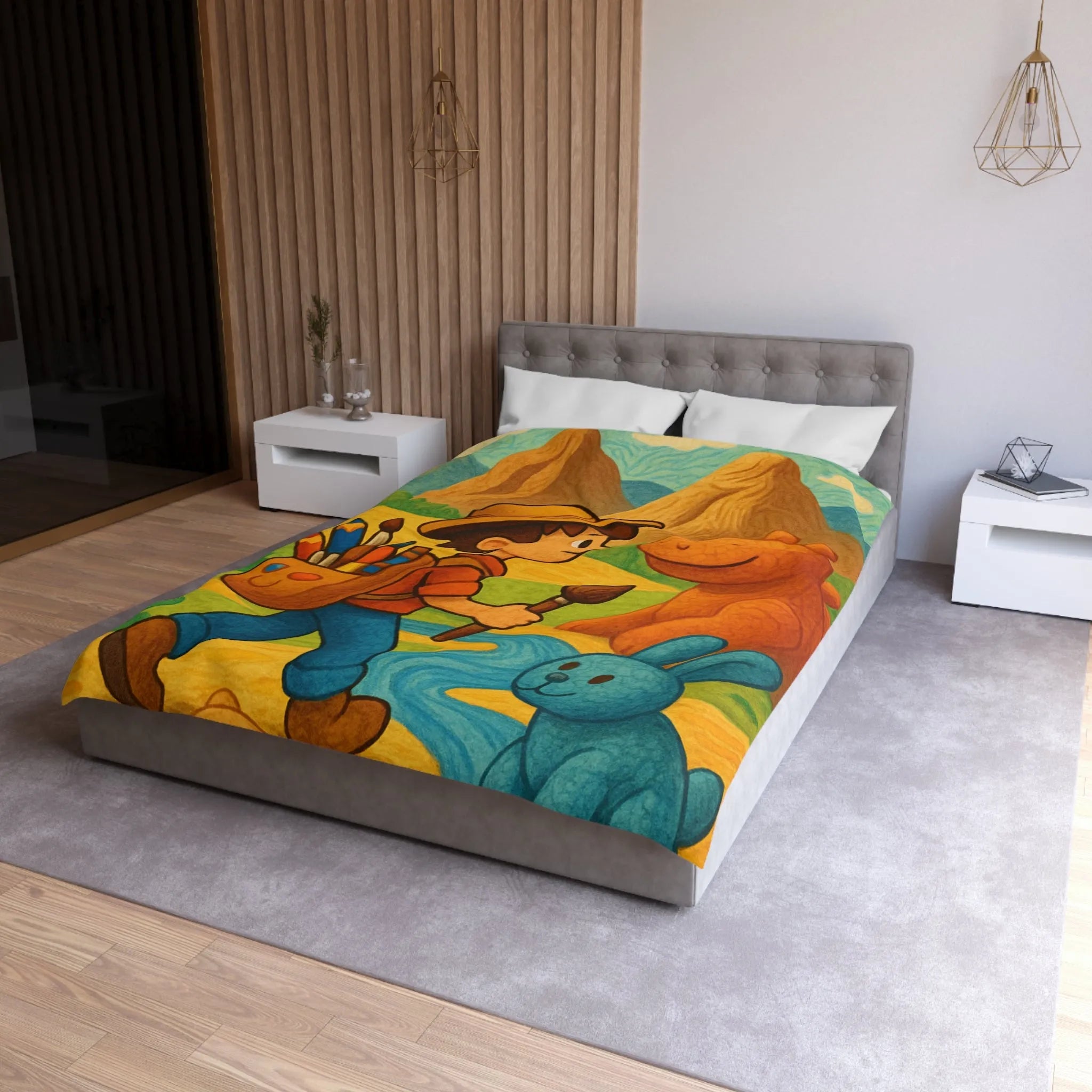 Housse de couette enfant joyeuse avec animaux et paysage coloré en peinture amusante