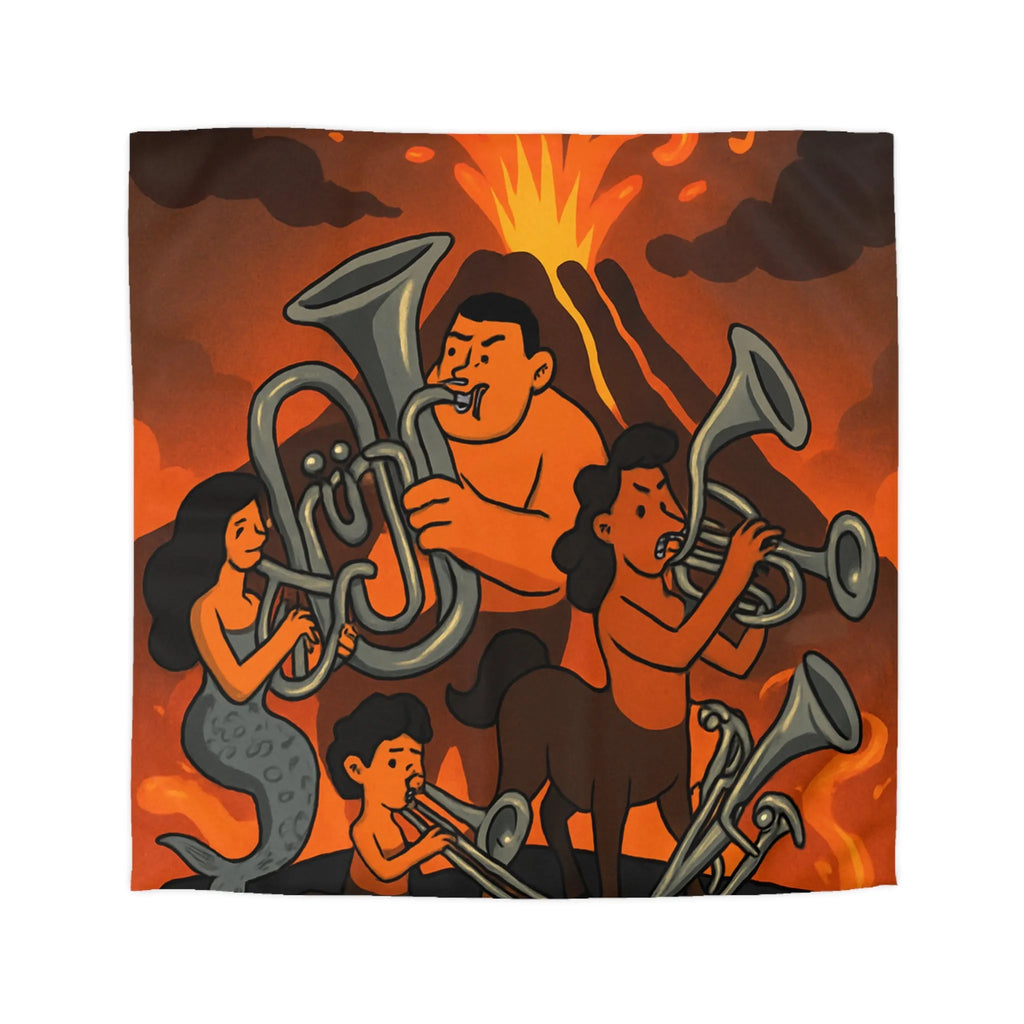 Housse de couette avec design mythique de musiciens sur fond volcanique flamboyant