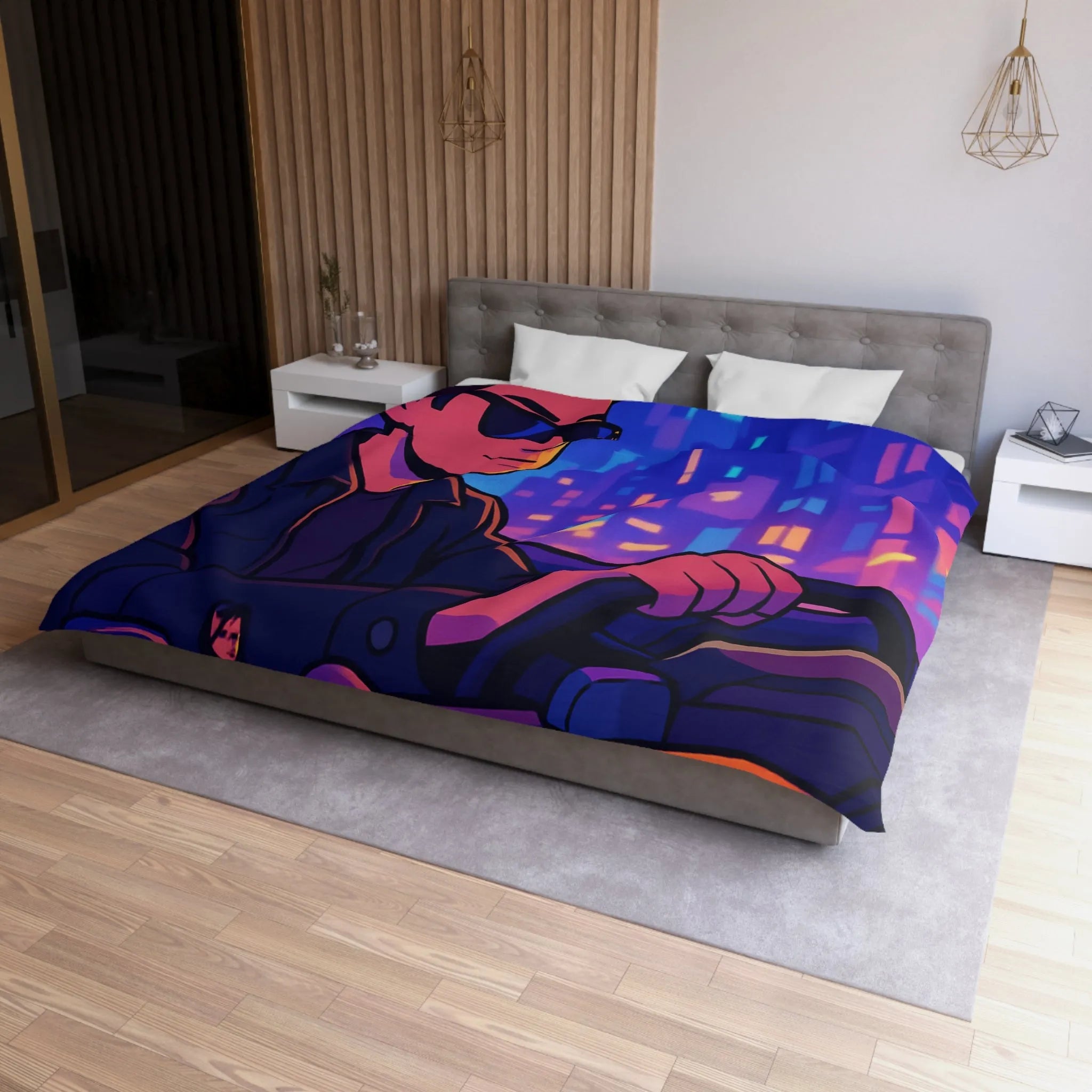 Housse de couette avec illustration rétro taxi urbain style néon pour chambre moderne