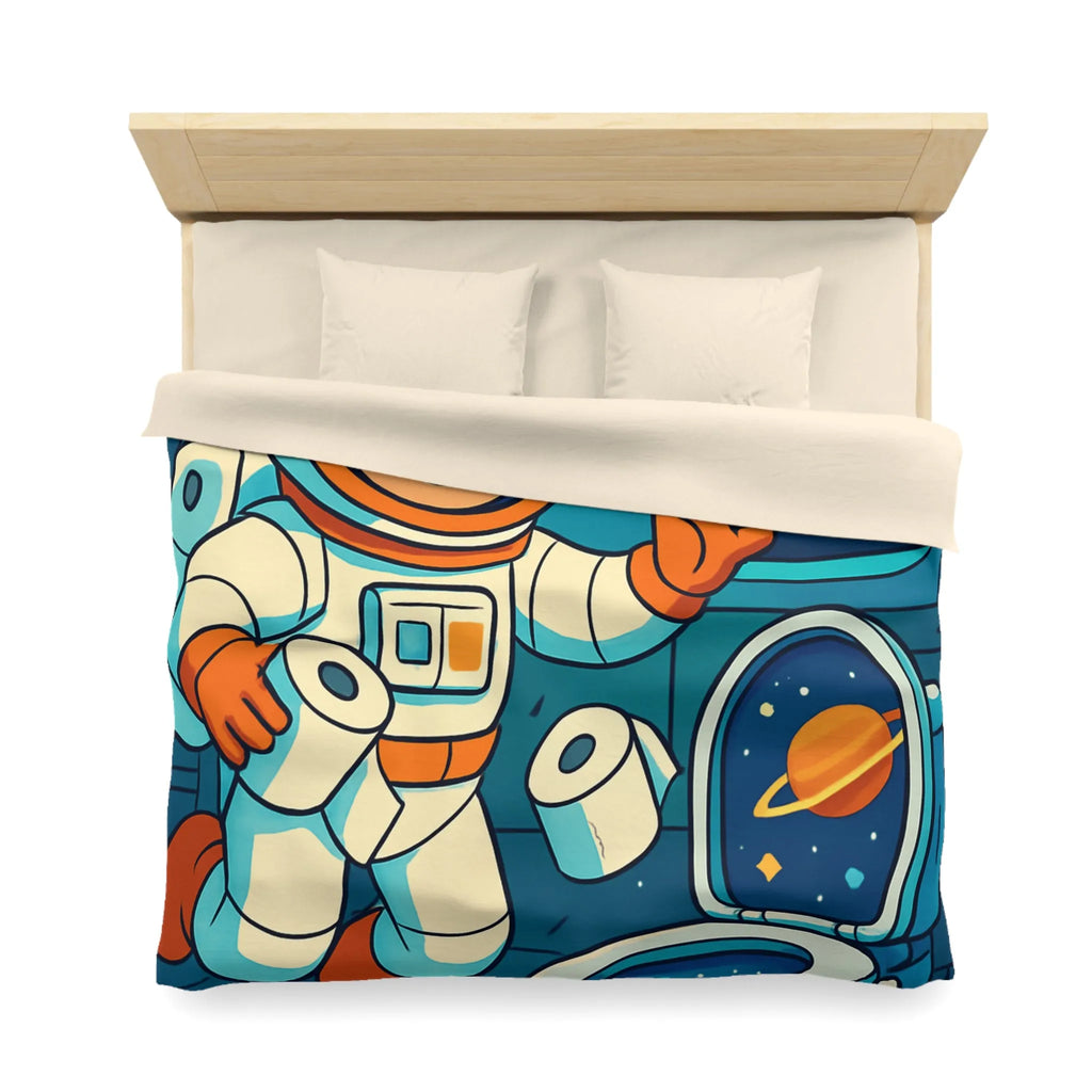 Housse de couette avec astronaute joyeux en cabine spatiale avec rouleaux flottants