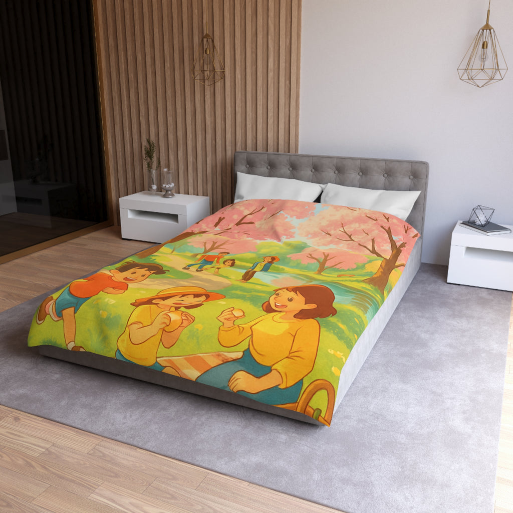 Housse de Couette Printanière avec Scène de Pique-nique Sous Cerisiers en Fleurs