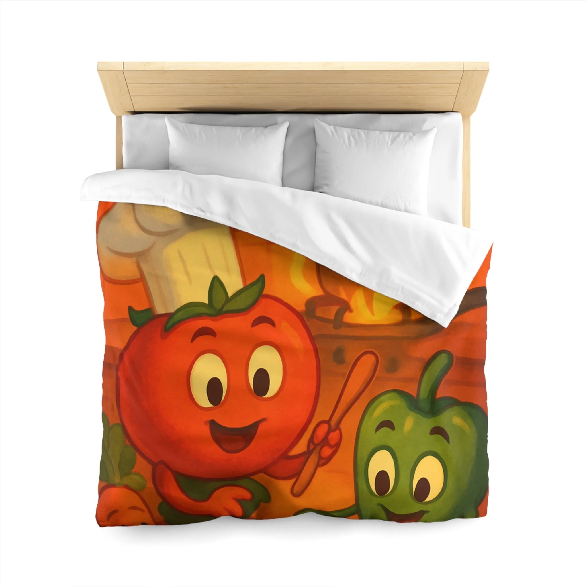 Housse de couette illustrée avec légumes adorables jouant dans une cuisine animée orangée
