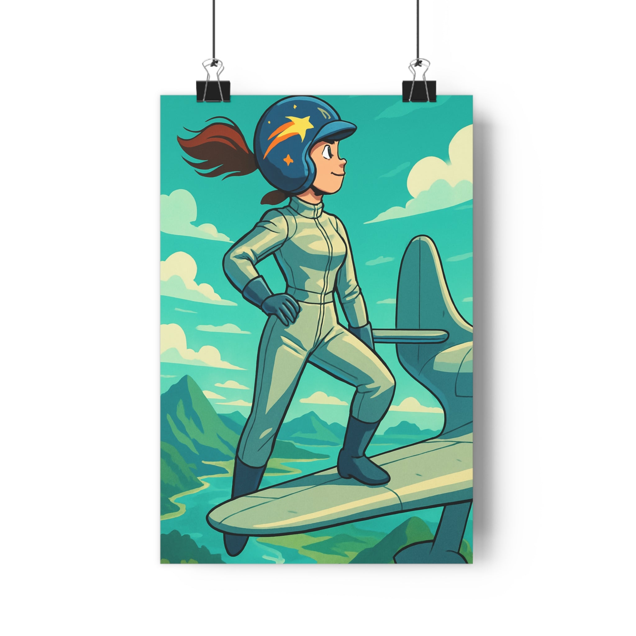 Poster décoratif cartoon bleu vert aventure bureau chambre format 30x46 femme avion aile rêveur
