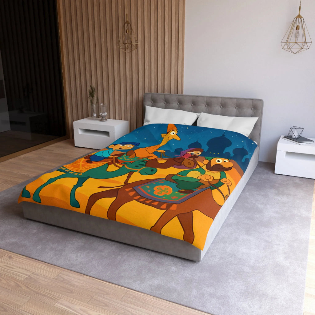 Housse de couette illustrée des enfants et chameaux sous un ciel étoilé magique