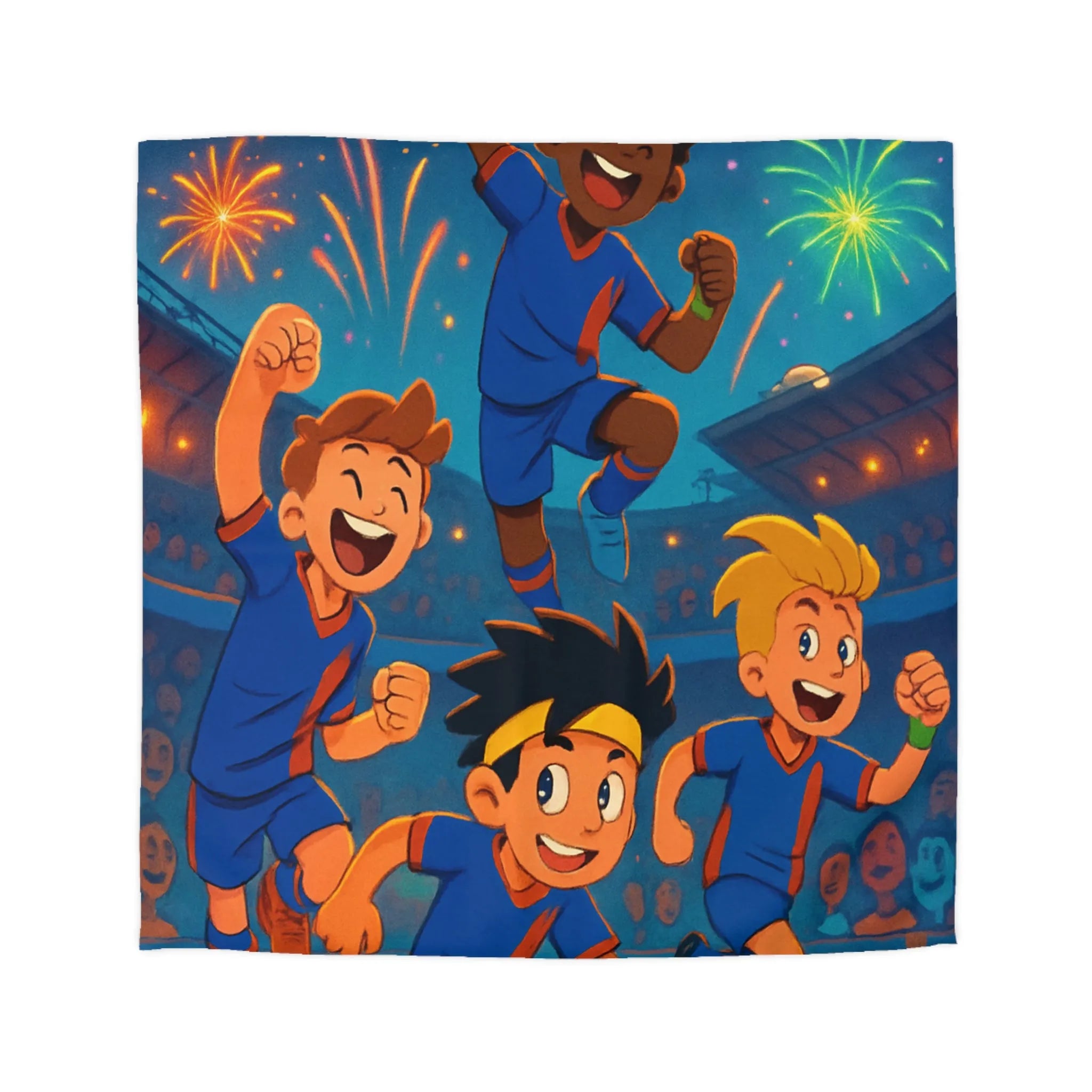 Enfants Jouant au Football avec Feux d'Artifice au Stade, Ambiance Joyeuse et Colorée