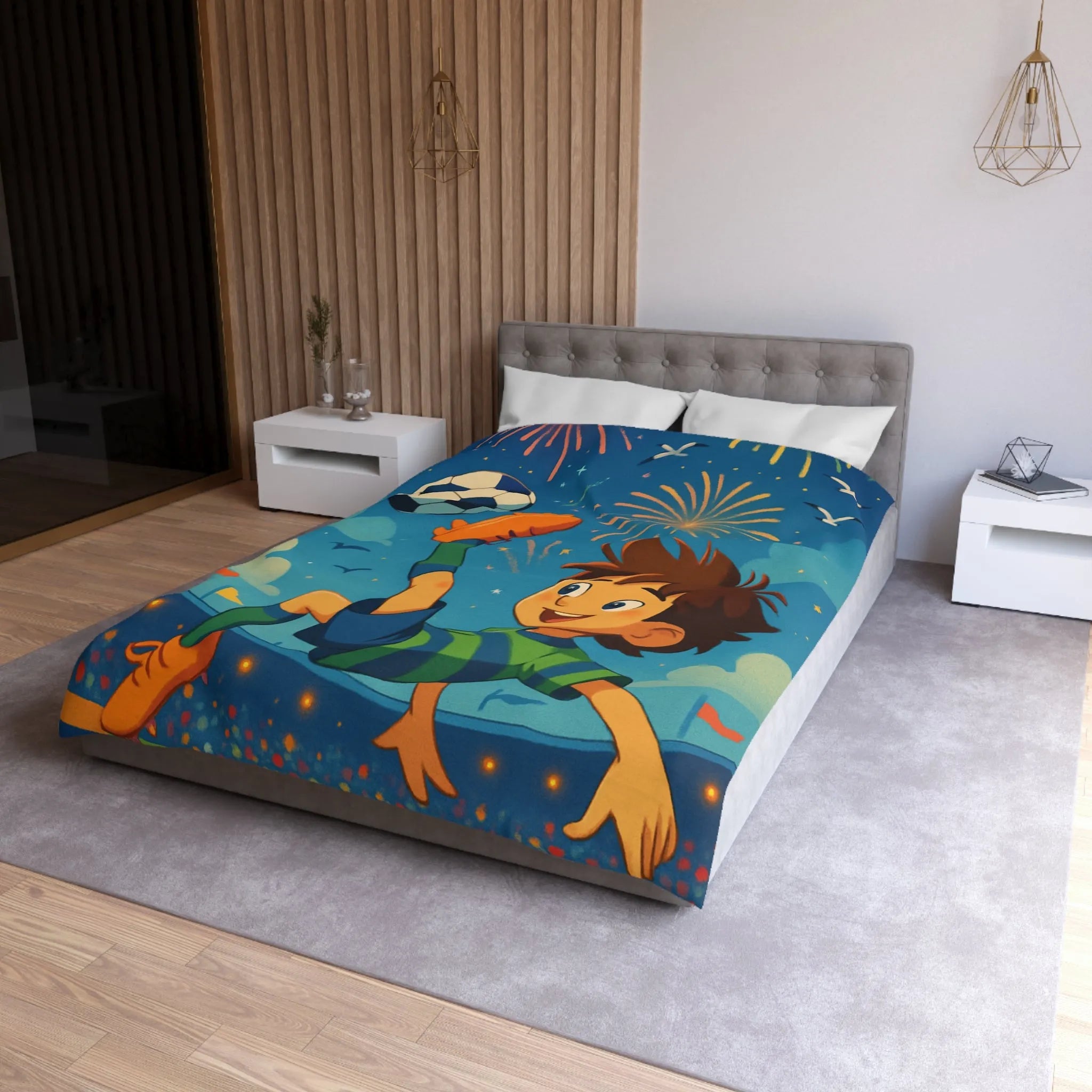 Housse de Couette Enfant Festive avec Football et Feux d'Artifice Multicolores Animés