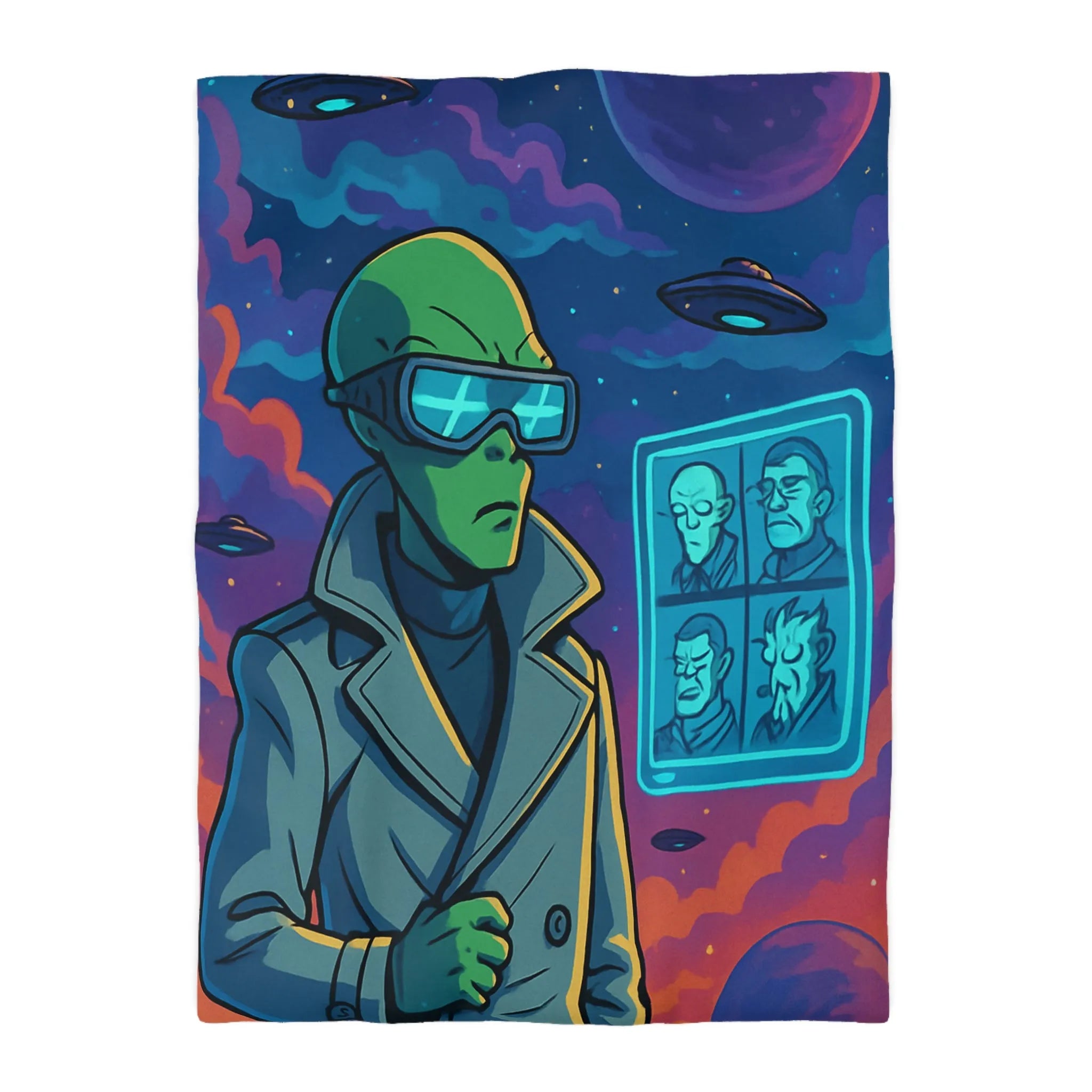 Housse de Couette Futuriste avec Alien et OVNIs, Style Bande Dessinée Colorée Science-Fiction