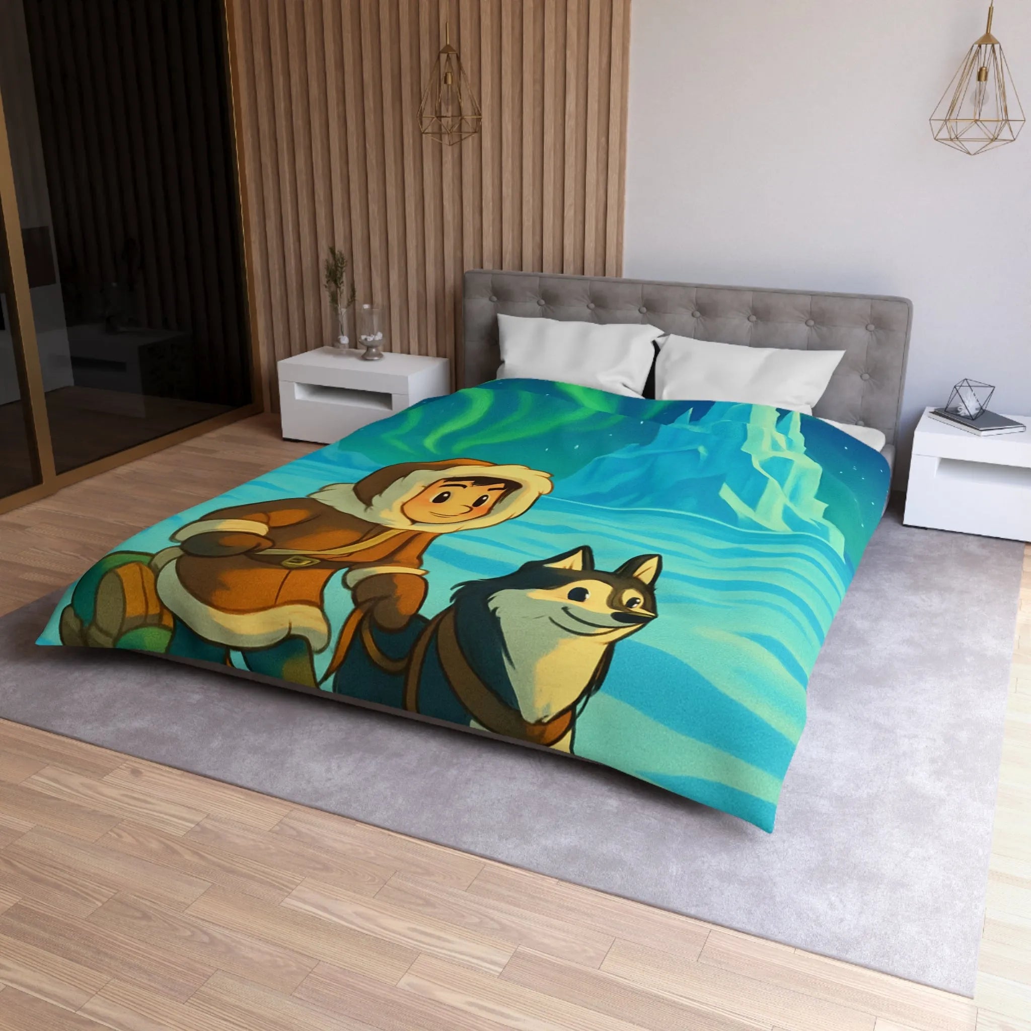 Housse de couette décorative avec aurores boréales et enfant accompagné de chien
