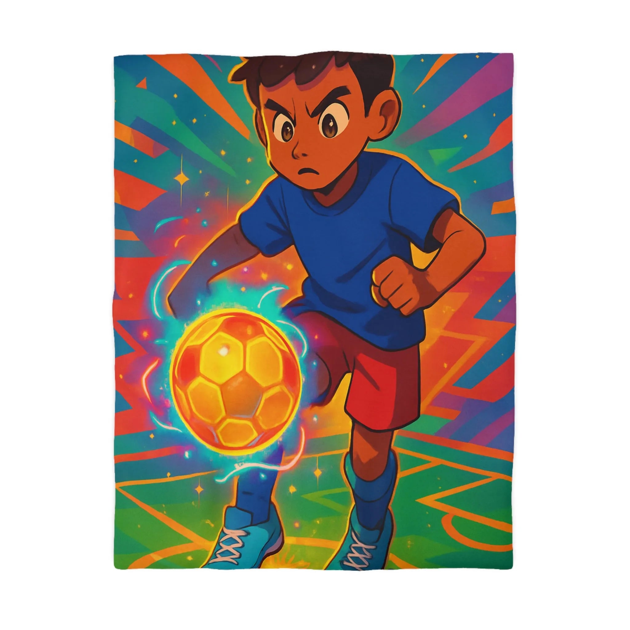 Housse de Couette Colorée Enfant Jouant au Football avec Effet Lumineux Éclatant