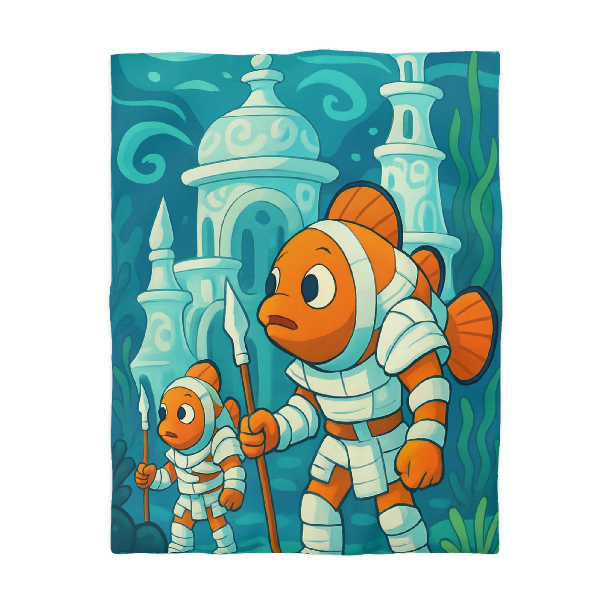 Intriguante housse de couette poissons en armure explorant un royaume sous-marin magique