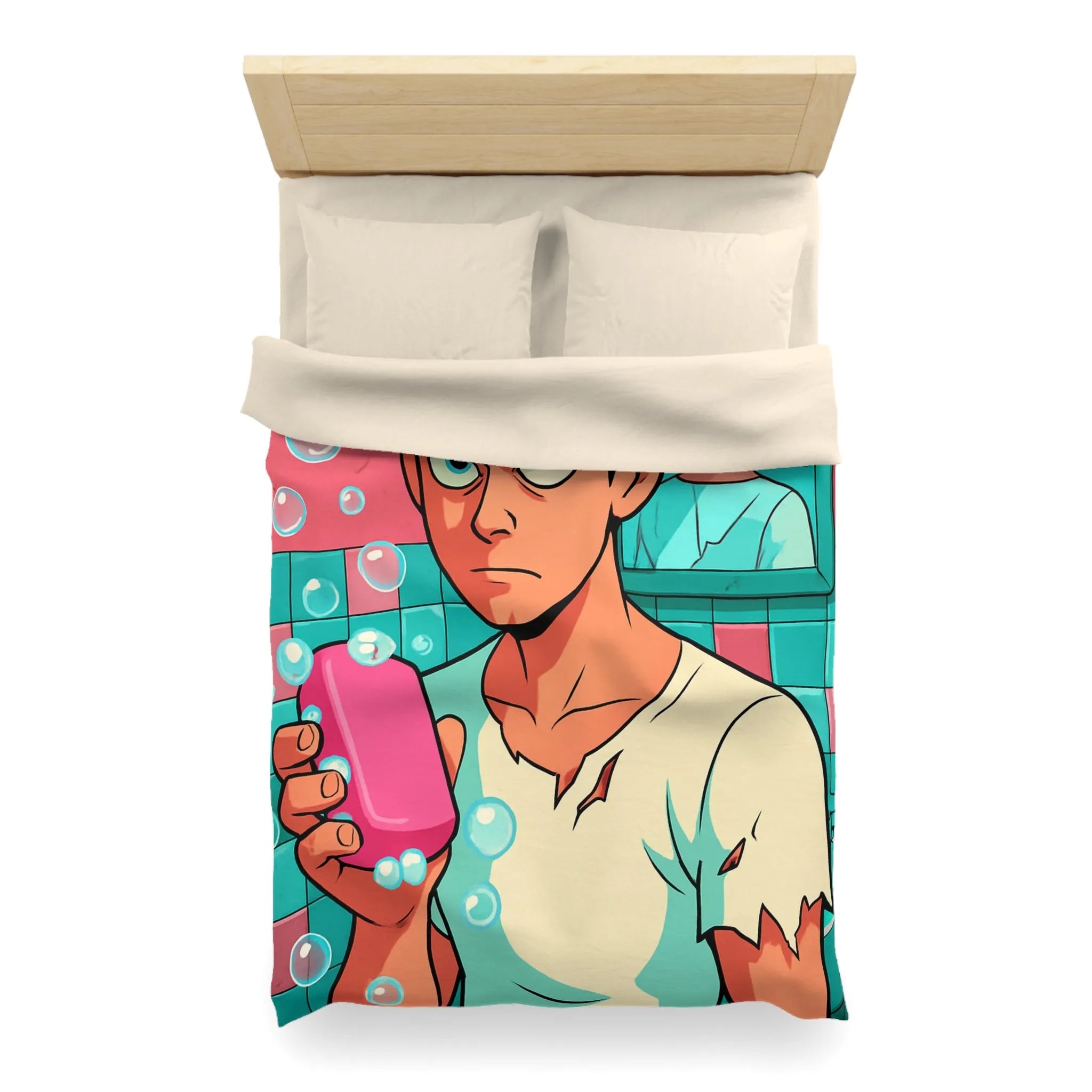 Housse de Couette avec Jeune Homme Déterminé Tenant Un Savon Rose en Colère