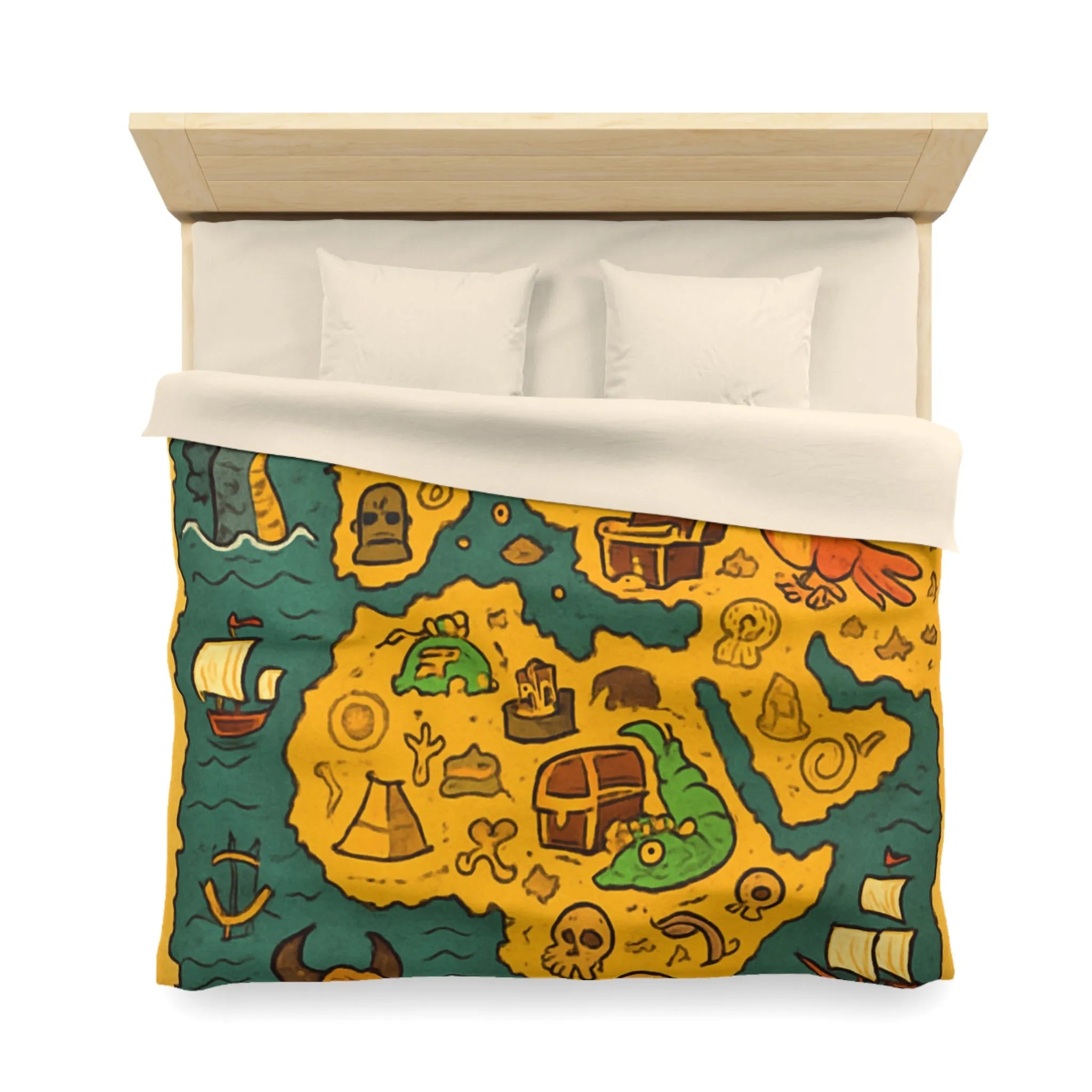 Housse de couette carte imaginaire avec dragons, dinosaures et trésors pour enfants aventuriers