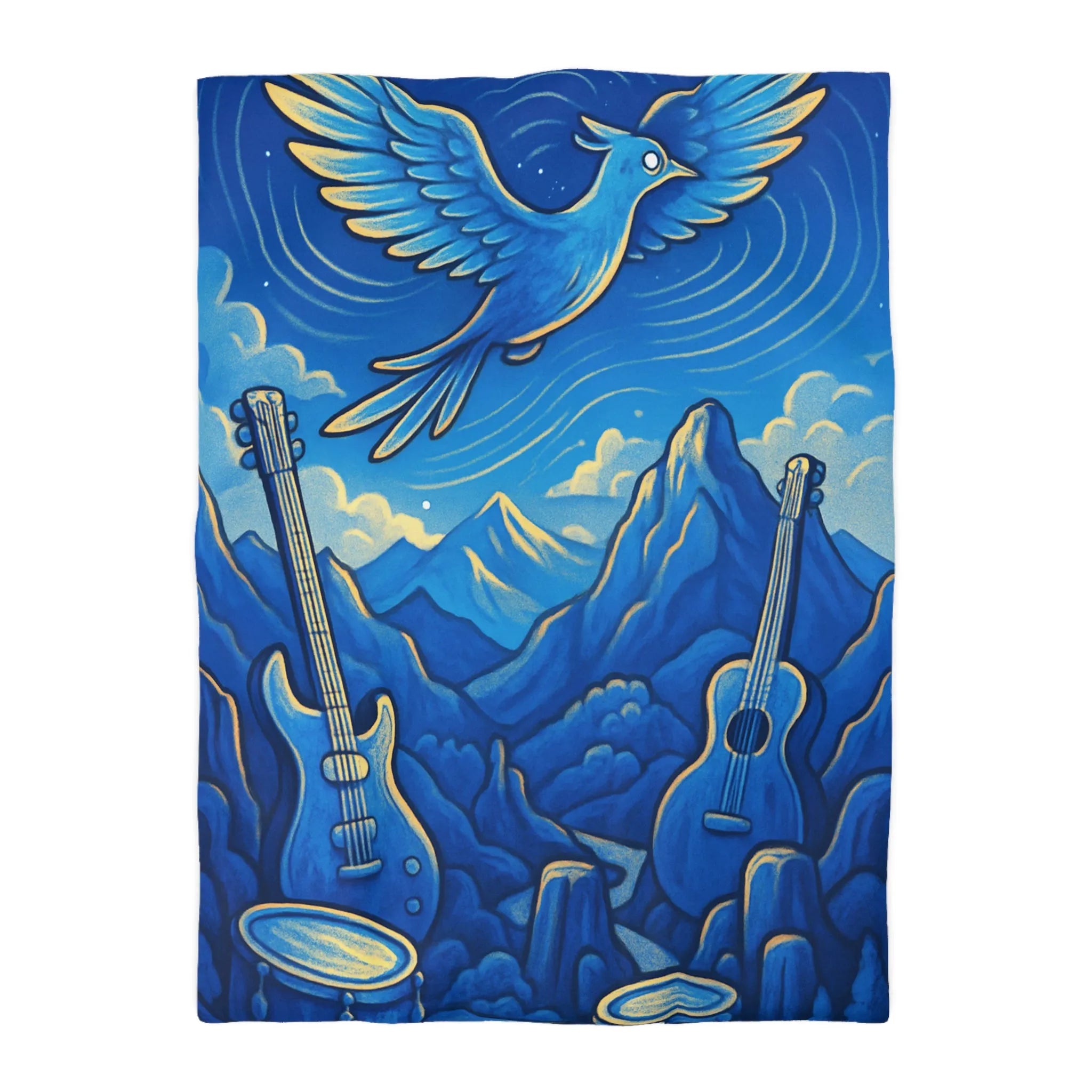 Housse de couette mélodieuse avec oiseau bleu et instruments de musique en montagne