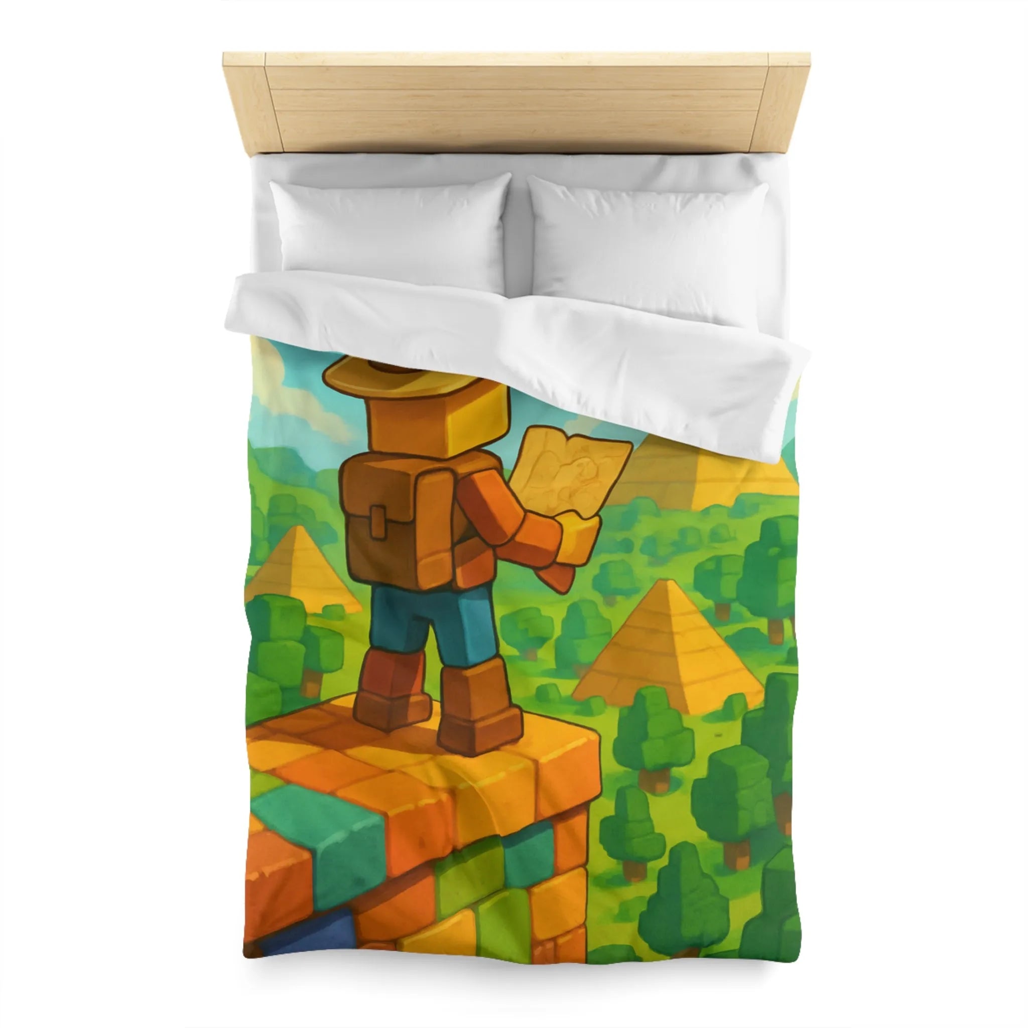 Housse de Couette Ludique Aventure Pixelisée Explorateur Carte Forêt Pyramide Enfant
