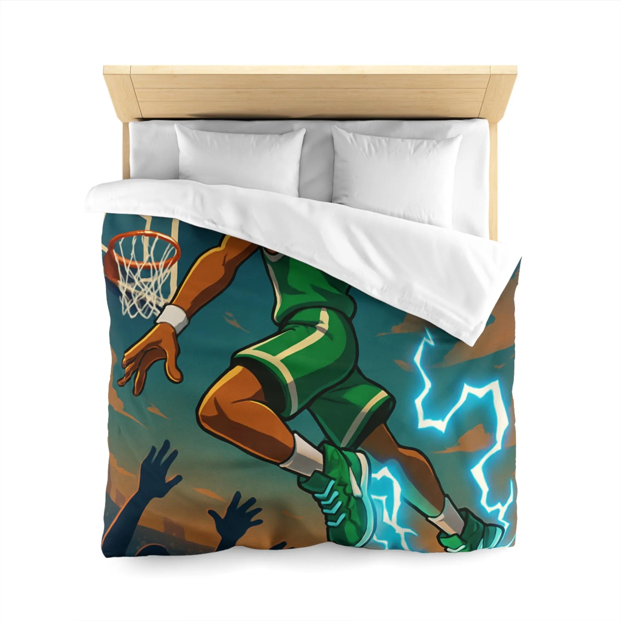 Housse de couette basket dynamique avec joueur en plein slam dunk lumineux