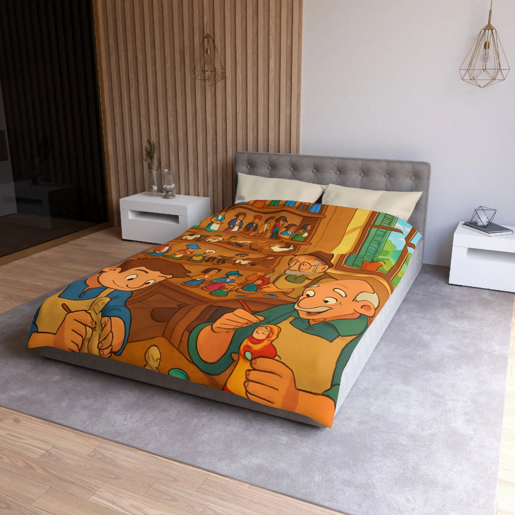 Housse de couette chaleureuse avec scène artisanale, figurines en bois colorées et personnages souriants