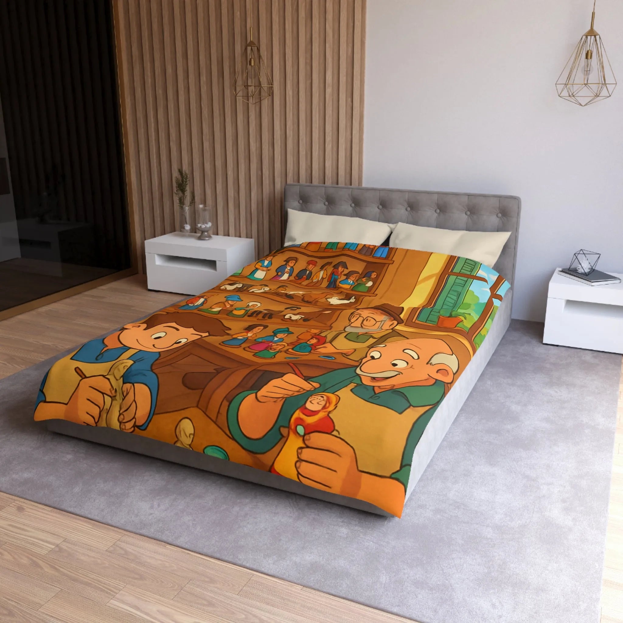 Housse de couette chaleureuse avec scène artisanale, figurines en bois colorées et personnages souriants