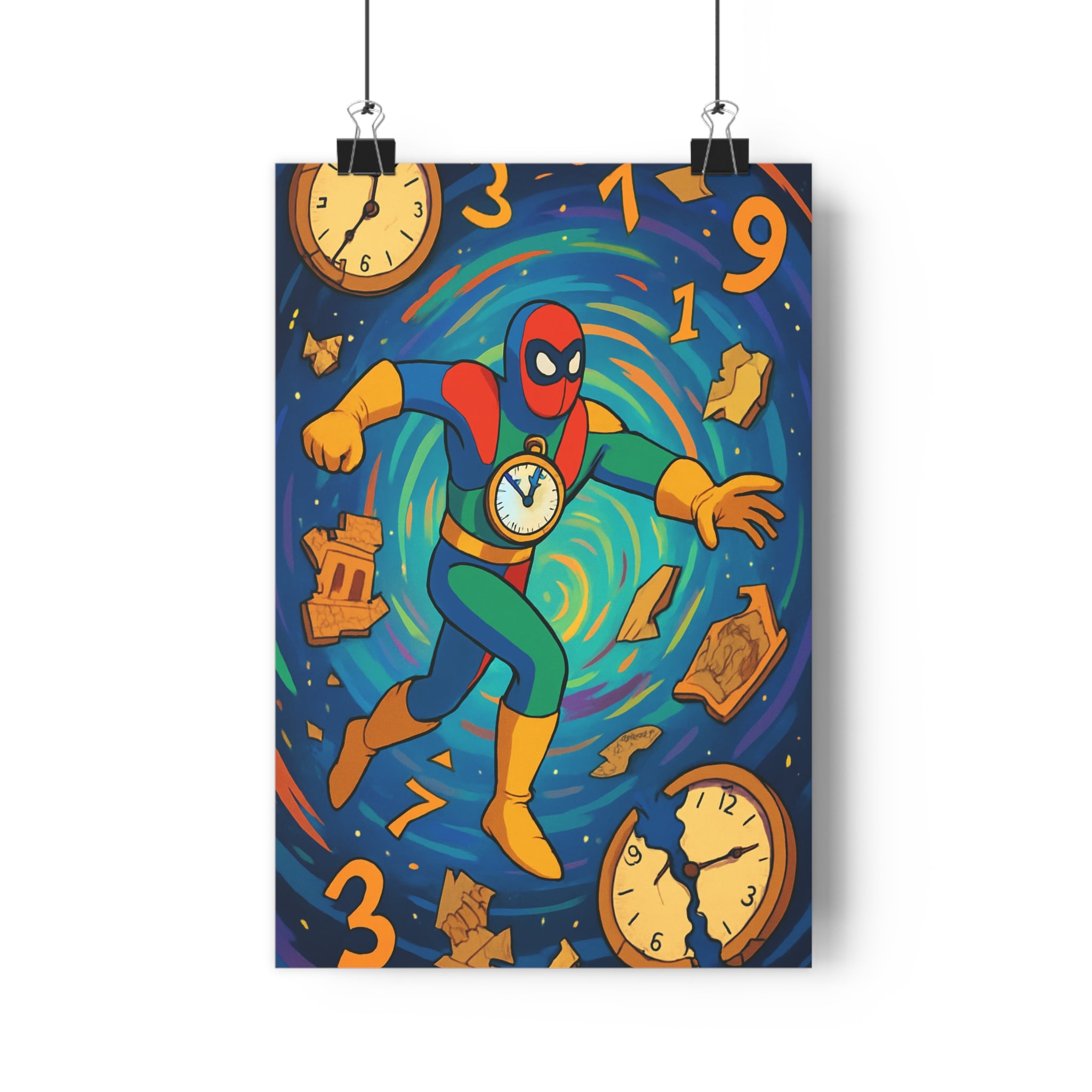 Poster décoratif superhéros rétrofuturiste bleu rouge jaune aventure chambre salon dynamique captivant vibrant qualité