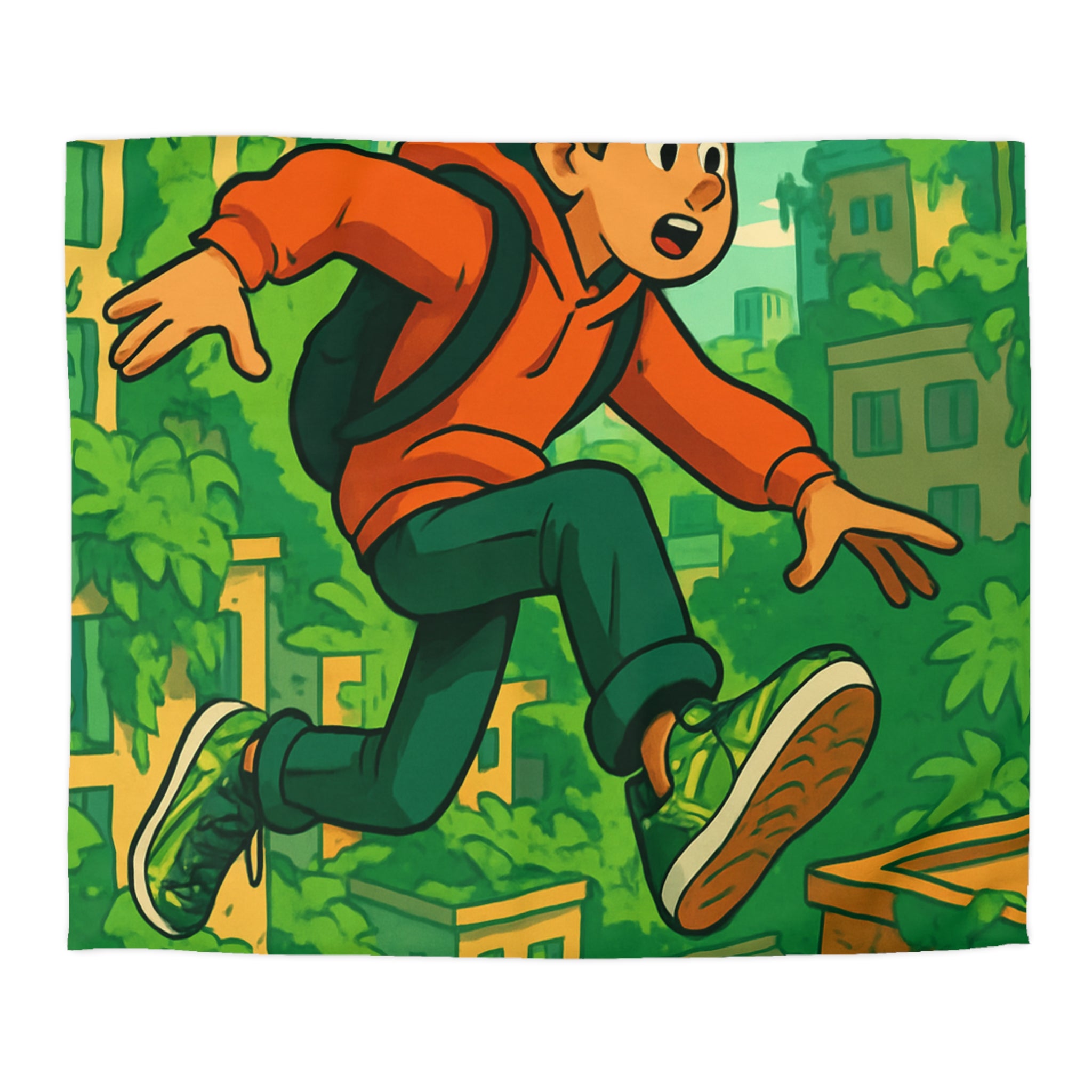 Housse de Couette Motif Urbain Vert avec Garçon Aventurier en Tenue Décontractée