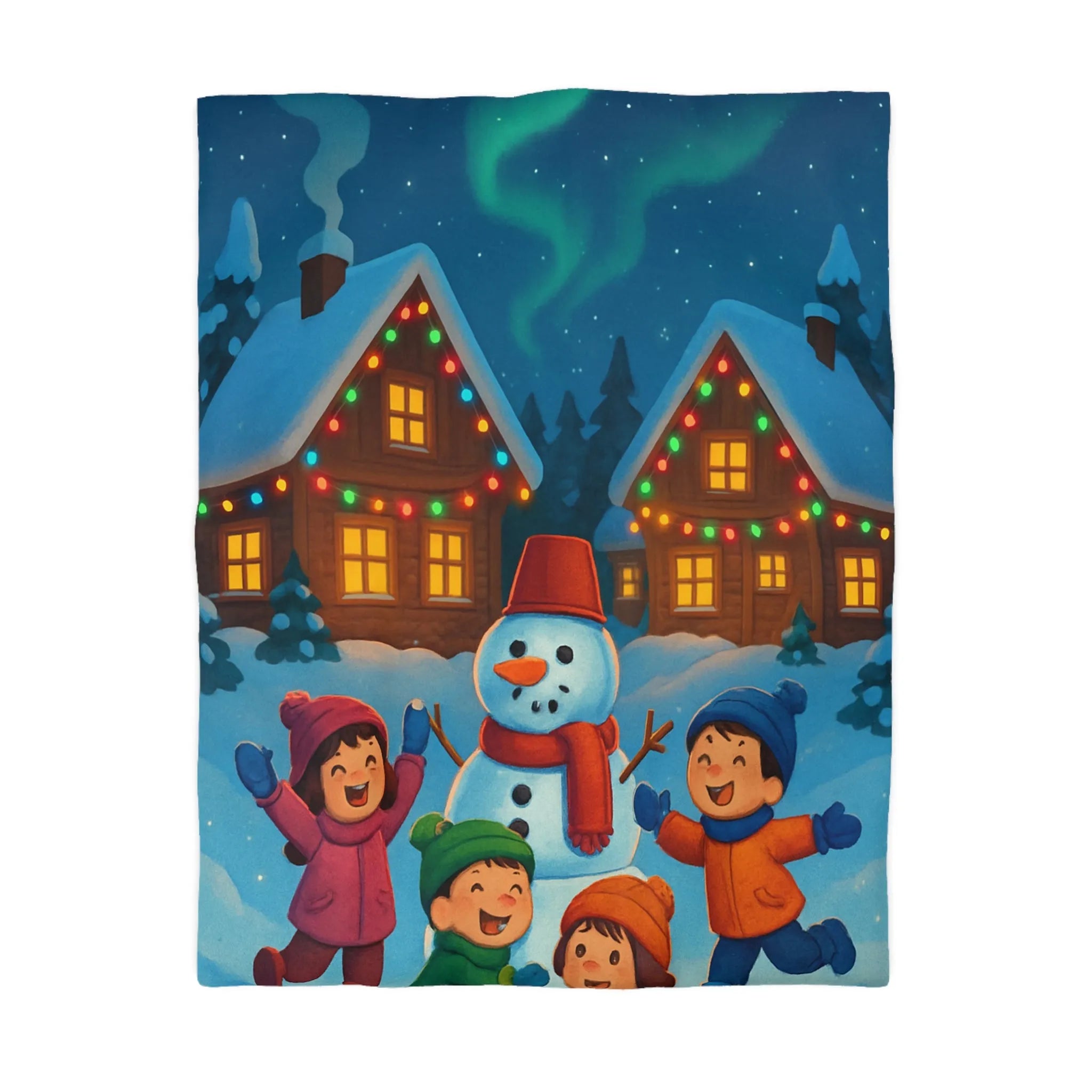 Housse de couette enfants avec design joyeux d'hiver, neige et cabanes éclairées