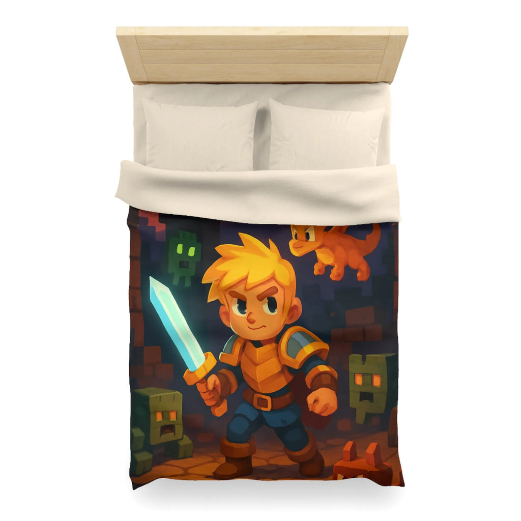 Housse de couette aventure épique avec guerrier, dragon, créatures et volcan en arrière-plan