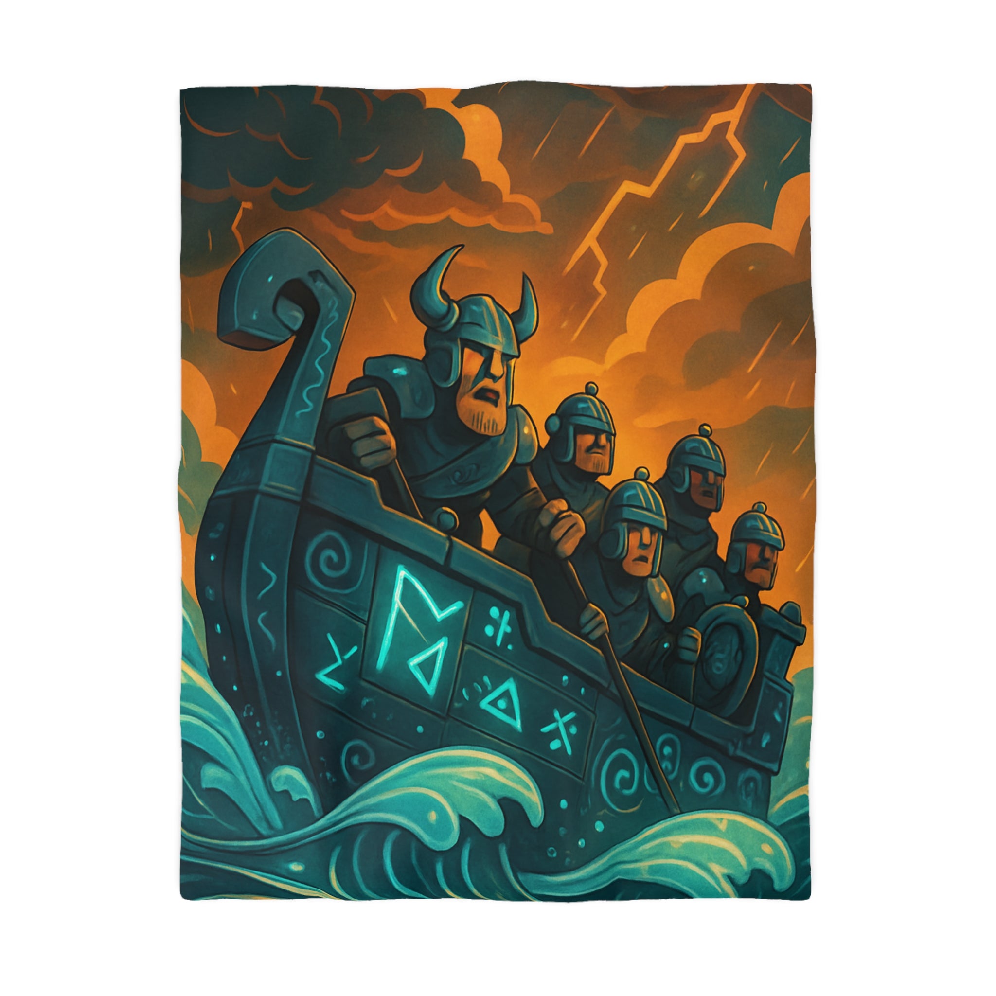 Housse de Couette Motif Vikings en Bateau sous Orage Céleste Féroce et Saisissant