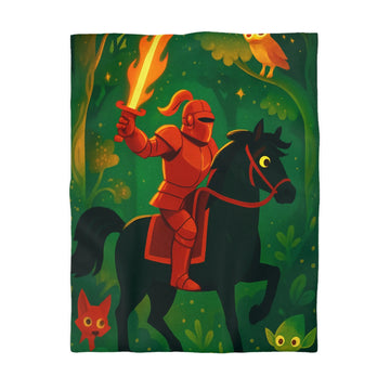 Chevalier en Armure Rouge avec Épée Enflammée dans Forêt Enchantée avec Hibou Mystique