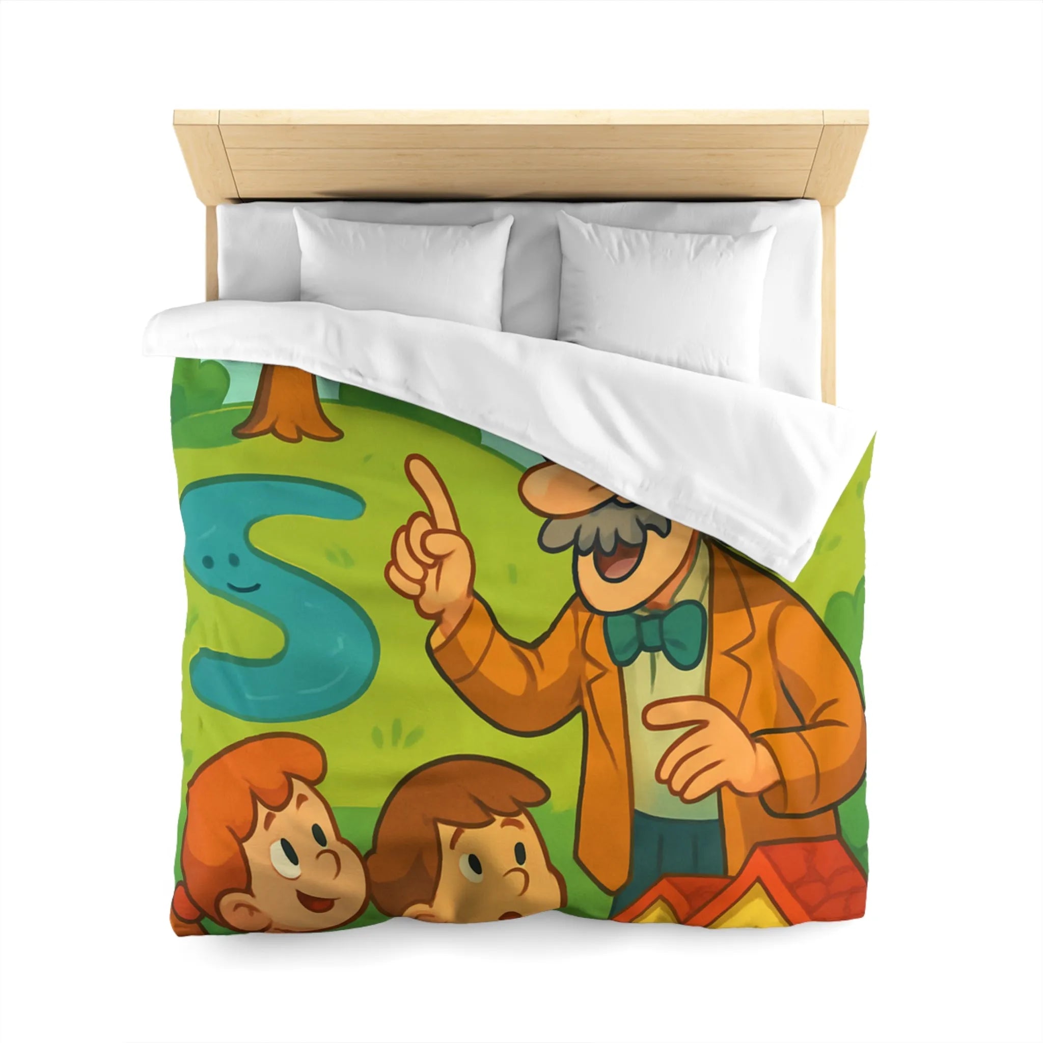 Housse de couette colorée avec un professeur et enfants dans un paysage enchanteur