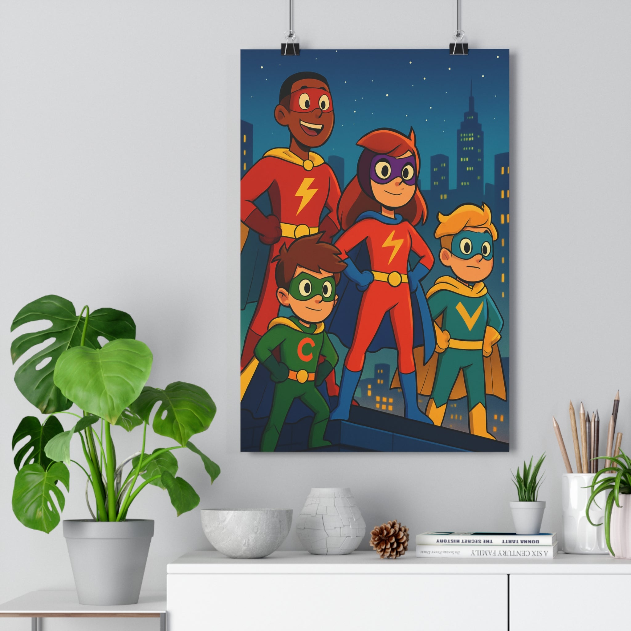 Poster décoratif enfants superhéros cartoon coloré rouge bleu vert aventure chambre joyeux dynamique murale