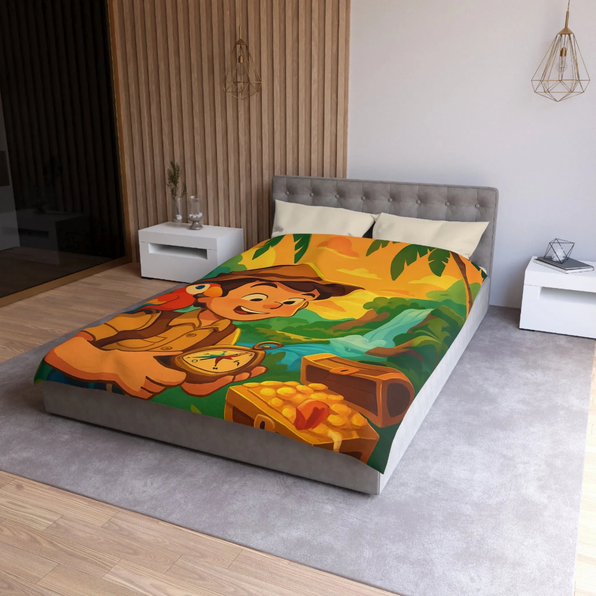 Housse de couette aventure tropicale avec trésor et perroquet pour enfant