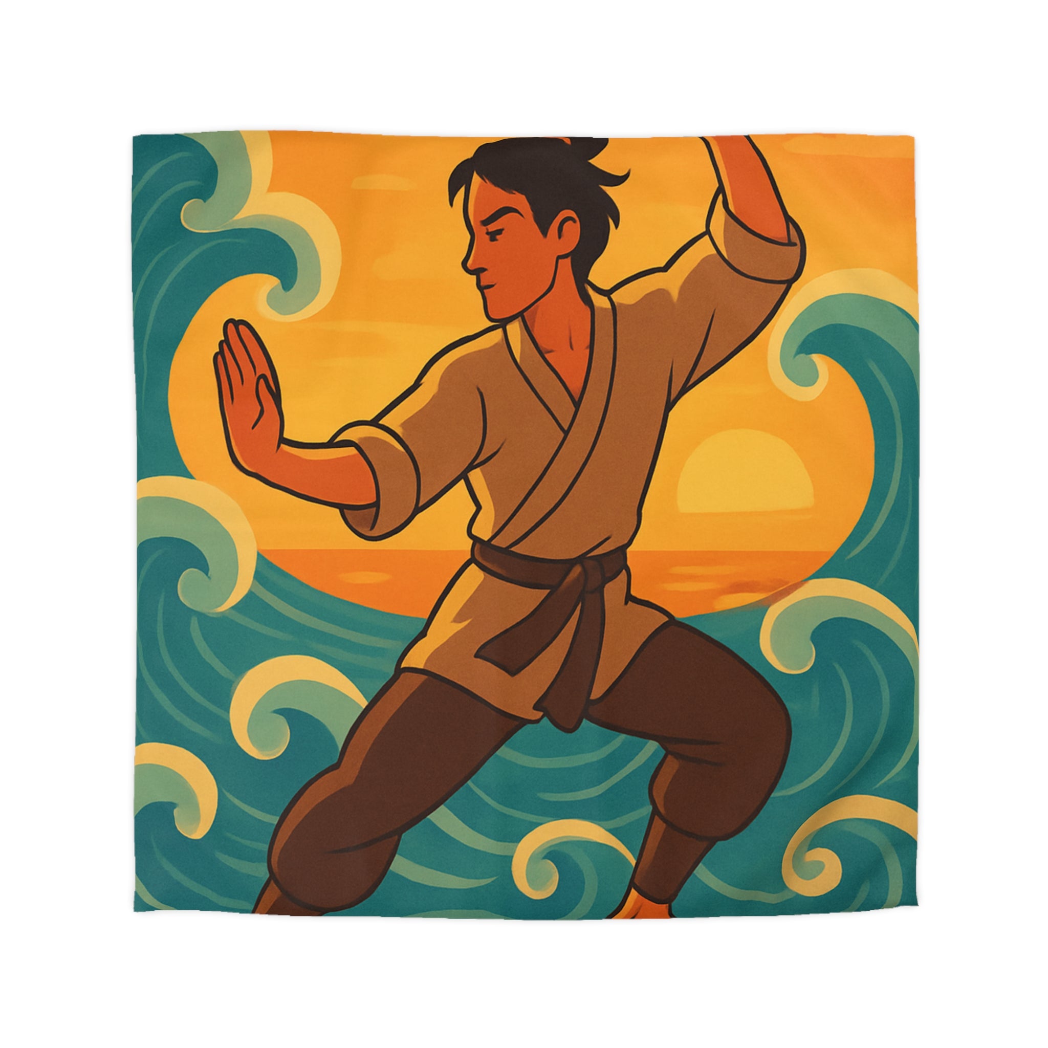 Housse de Couette Style Japonais Art Martial Coucher de Soleil et Océan Bleu