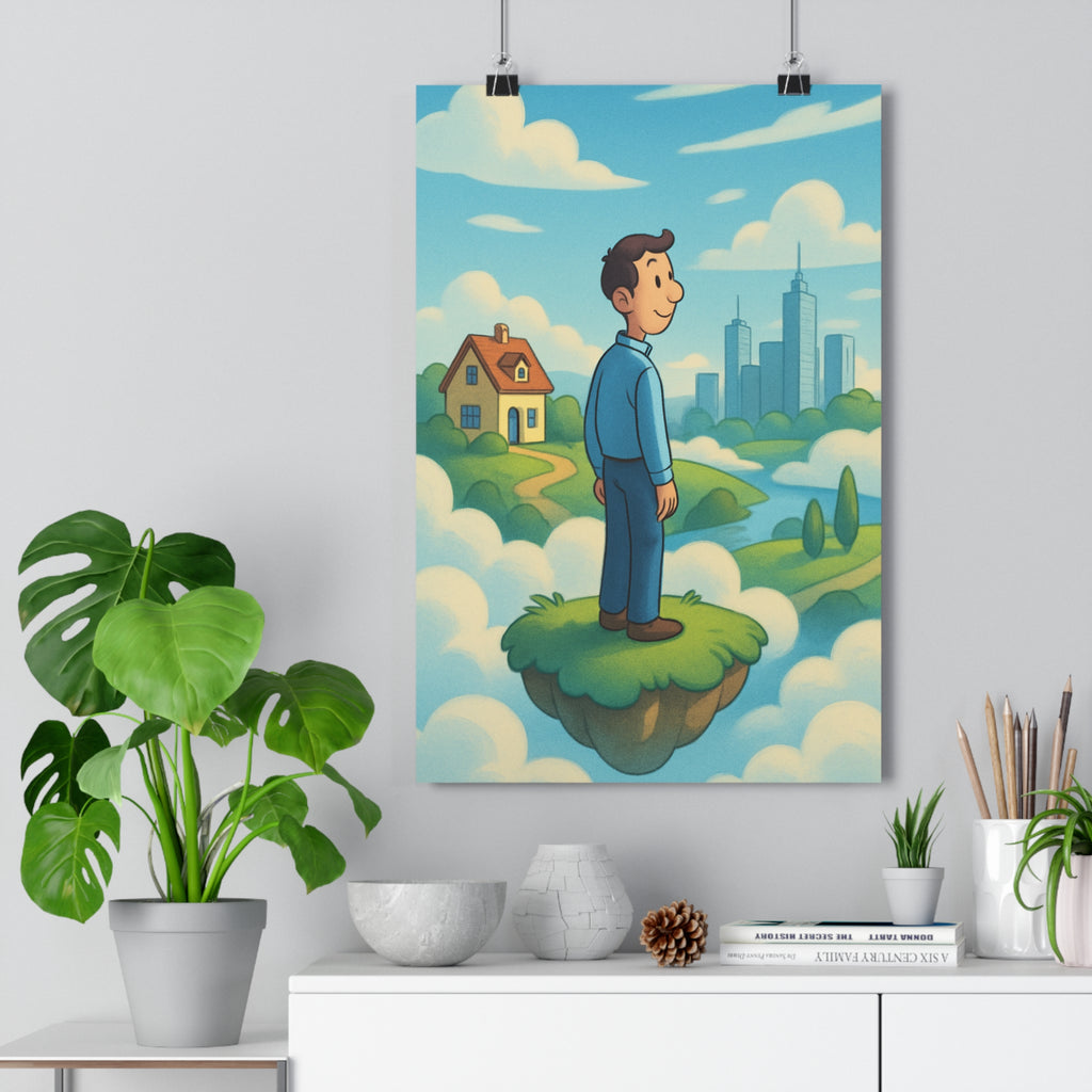 Poster décoratif dessin animé bleu vert paisible onirique chambre bureau maison nuages terre homme