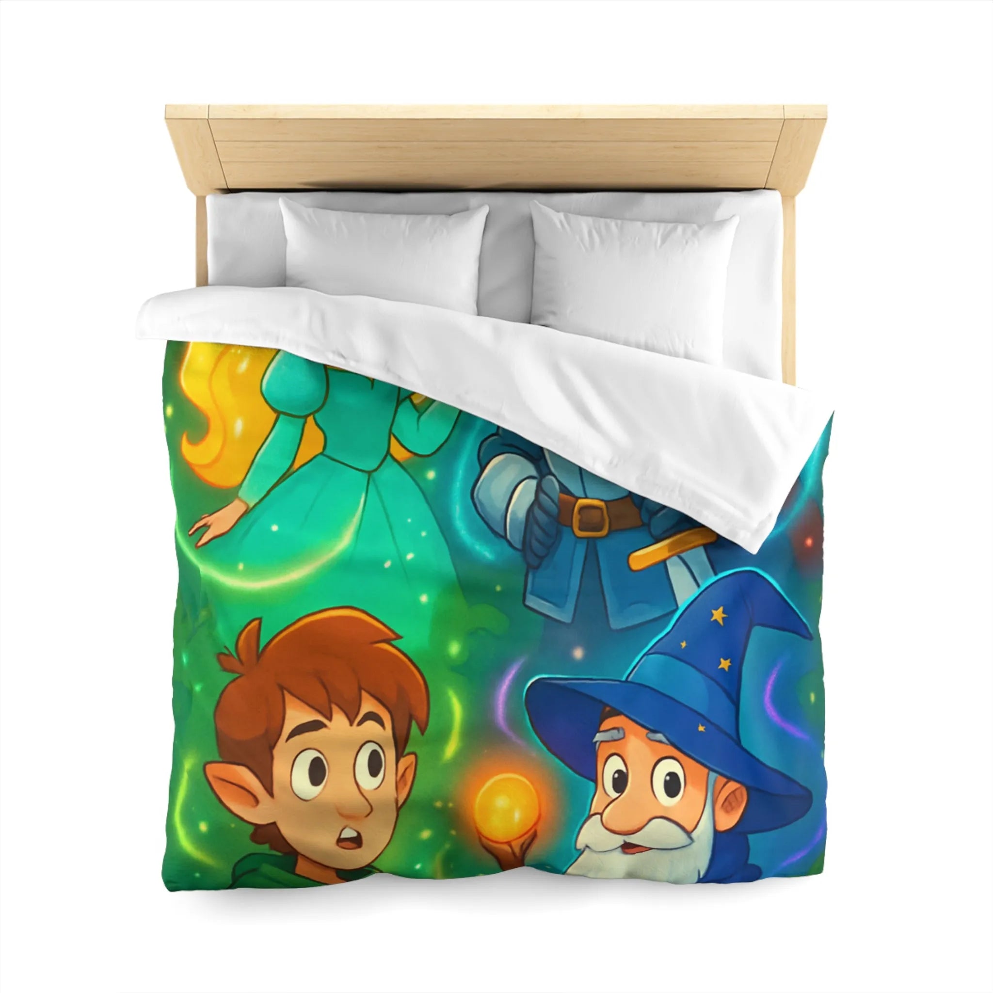 Housse de couette avec chevalier, magicien, princesse et elfes pour chambre enfant