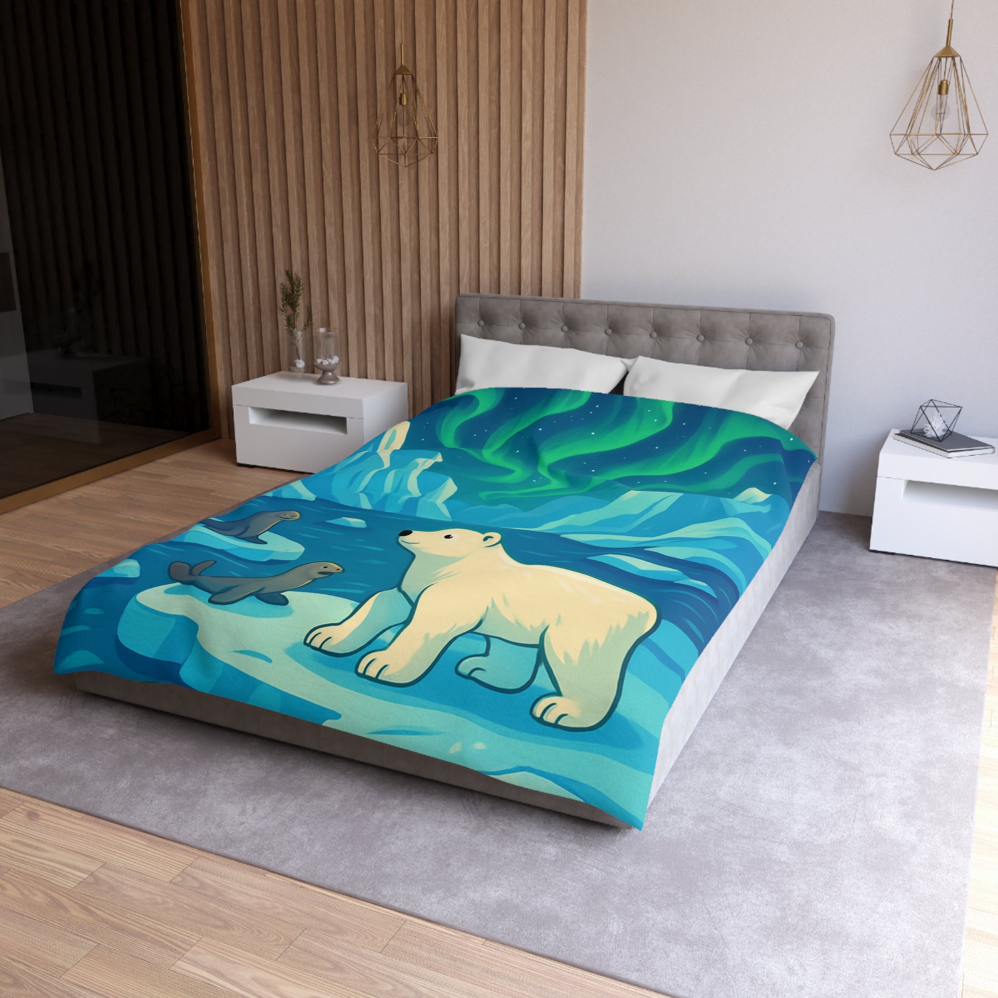 Housse de couette polaire avec ours et aurores boréales pour chambre enfant