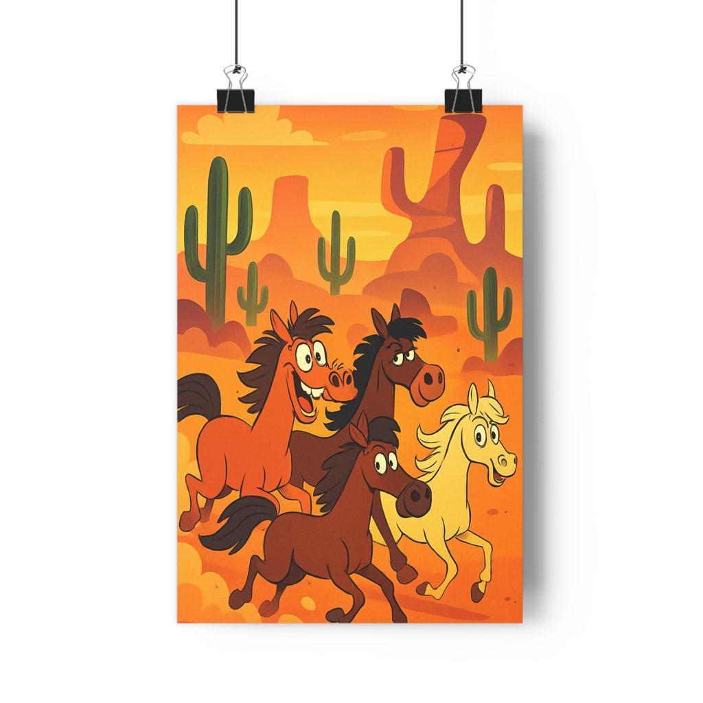 Poster décoratif cartoon chevaux orange chaud enfant chambre dynamique far west désert 30x46 joyeux