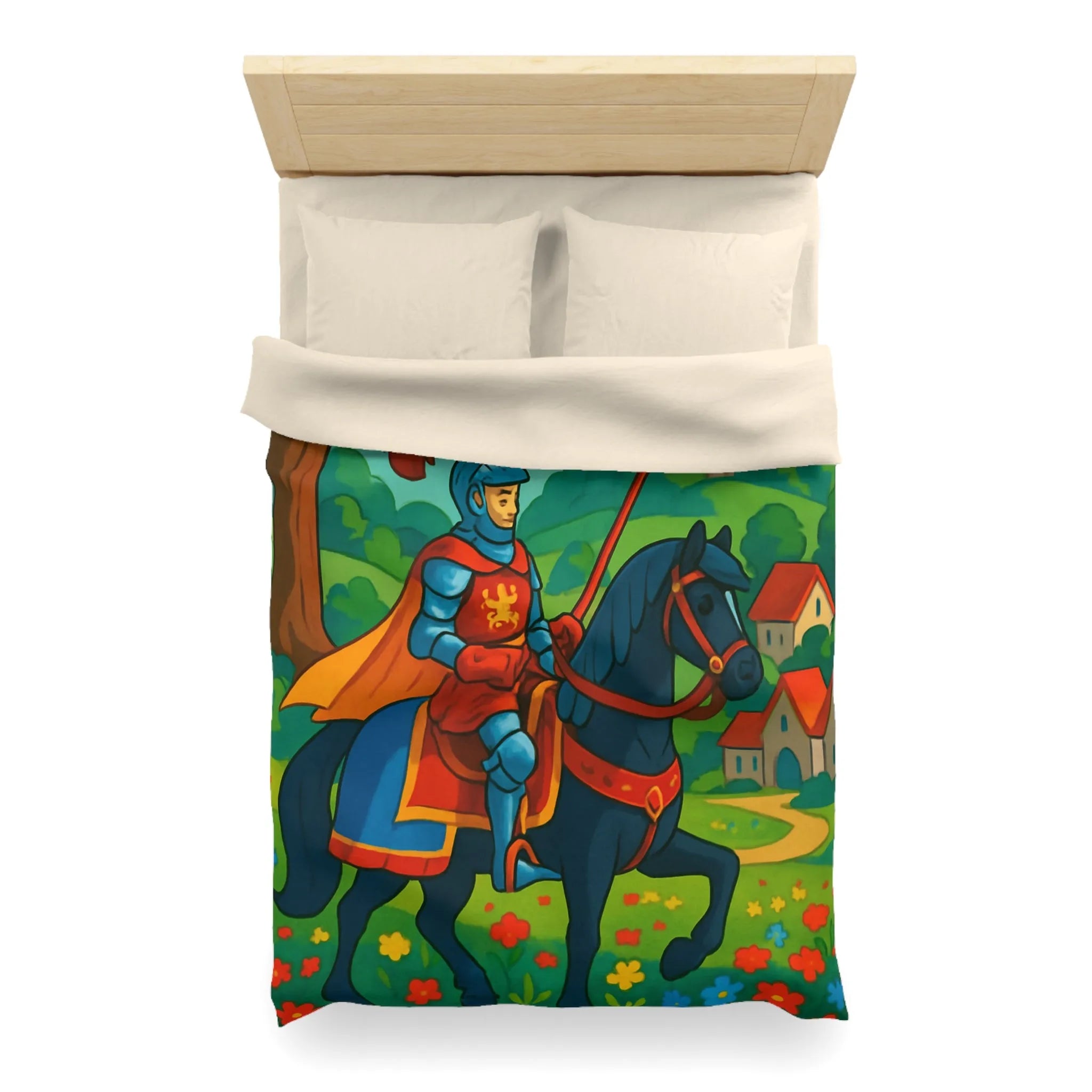 Housse de couette chevalier médiéval illustrée avec château et paysage floral vibrant